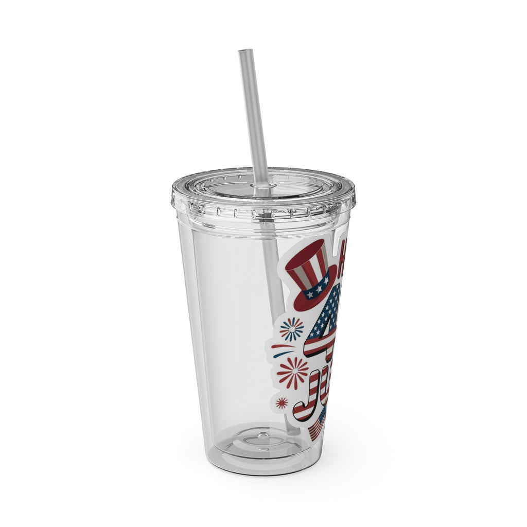 Happy 4th of July Tumbler | 16oz Straw Cup, Patriotic Fireworks Flag Design
