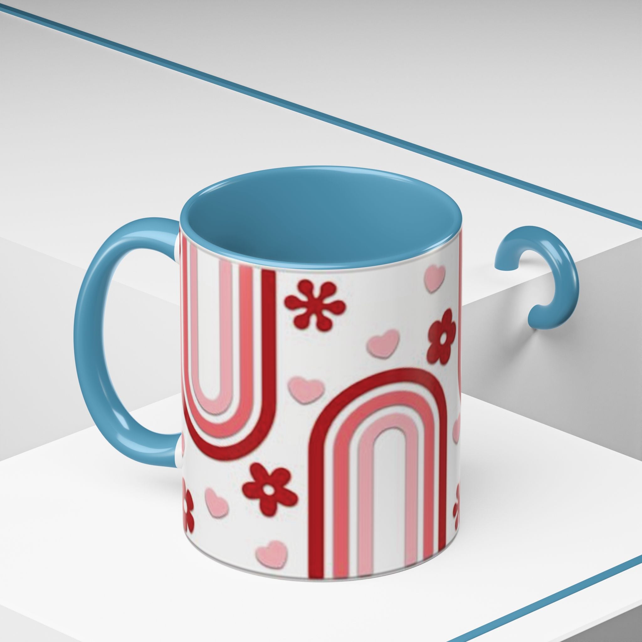 Retro Pink Rainbow Hearts and Flowers Accent Mug | 11oz or 15oz