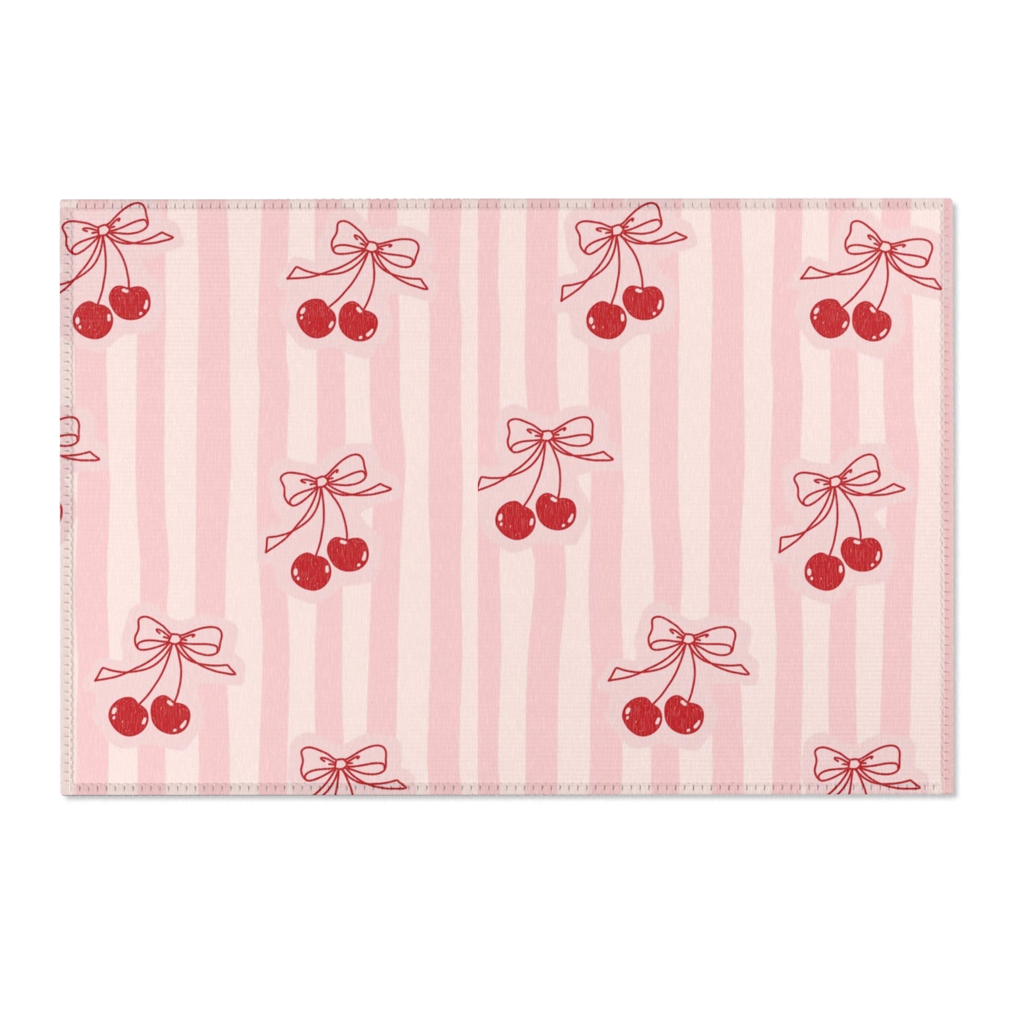 Cherry Bow Area Rug — Pink Striped Cute Kitchen or Nursery Accent Rug