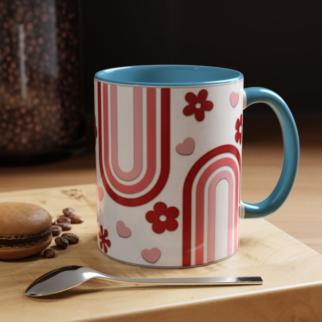 Retro Pink Rainbow Hearts and Flowers Accent Mug | 11oz or 15oz