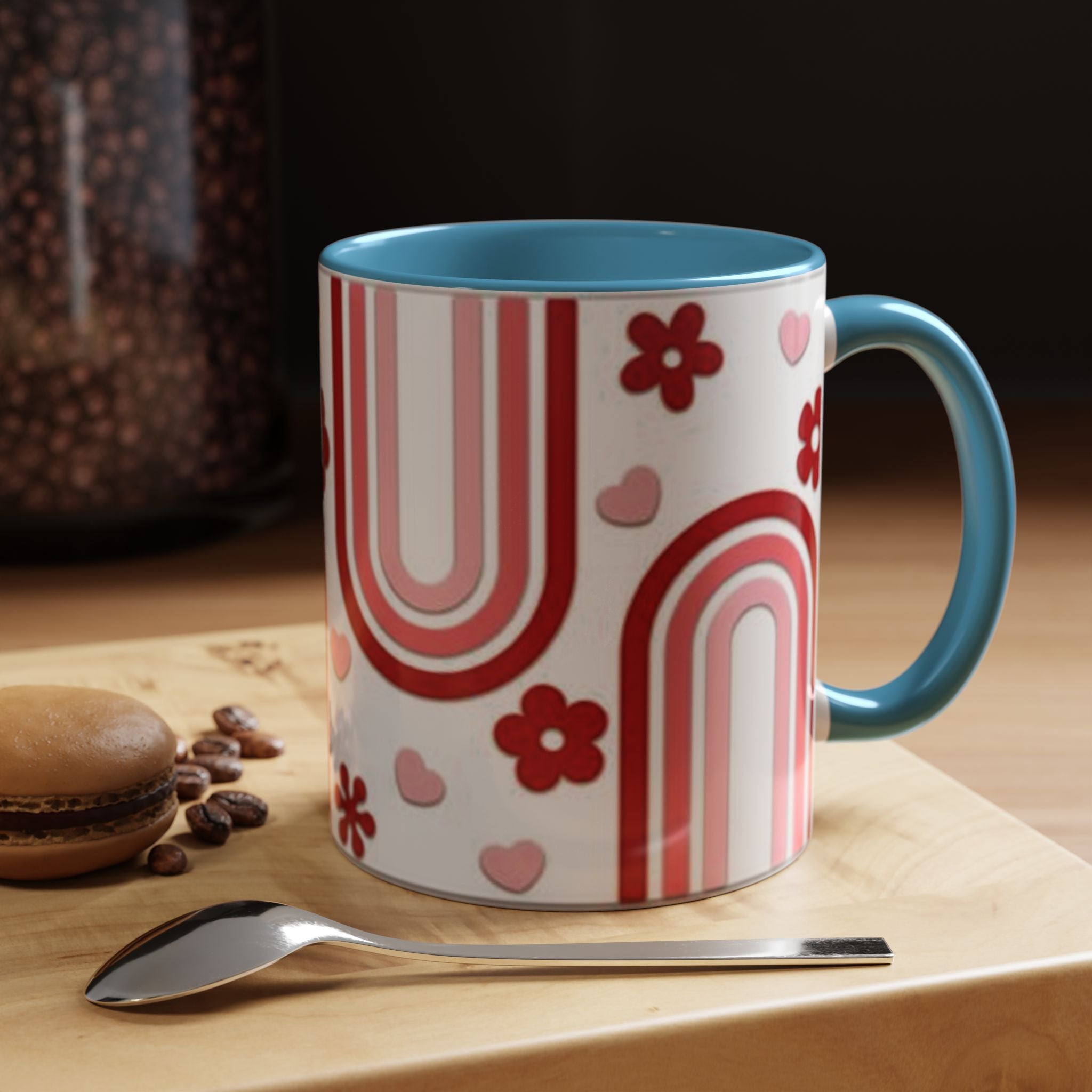 Retro Pink Rainbow Hearts and Flowers Accent Mug | 11oz or 15oz