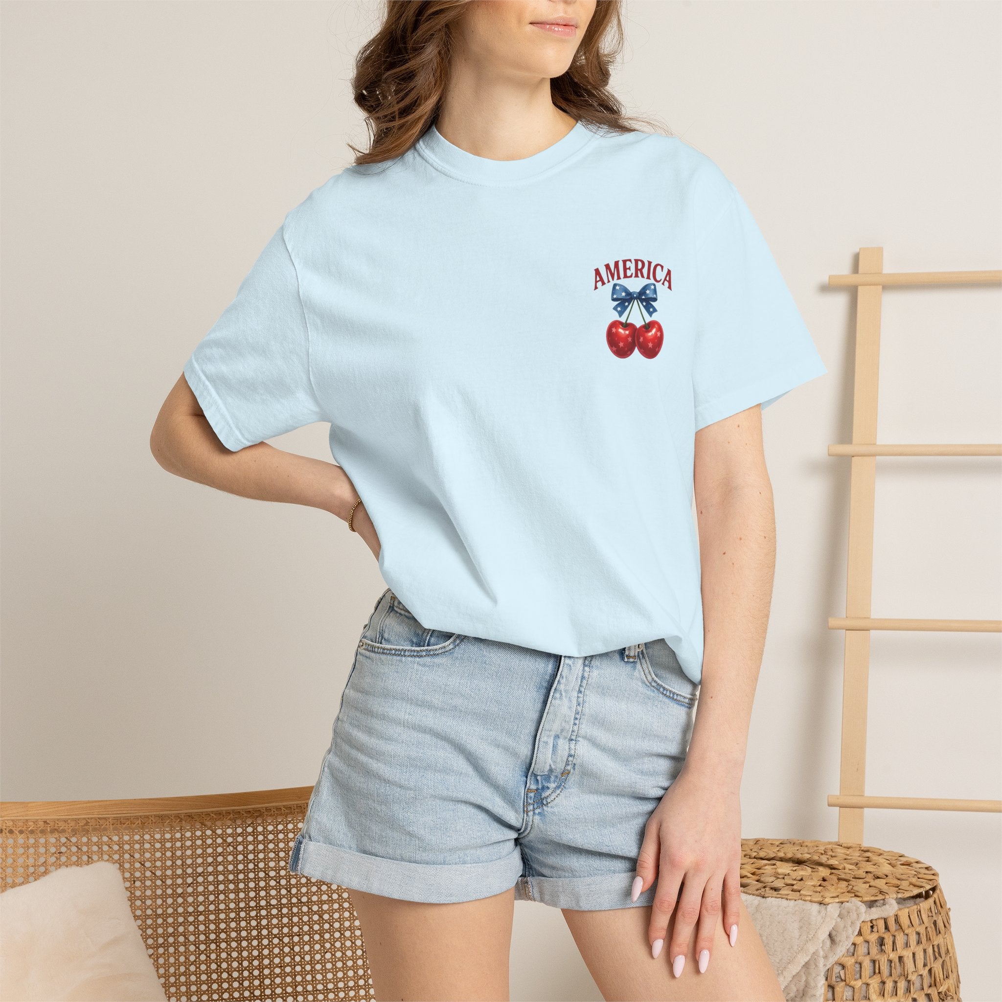 America Cherry Bow T-shirt | Patriotic Stars & Stripes Cherry Design