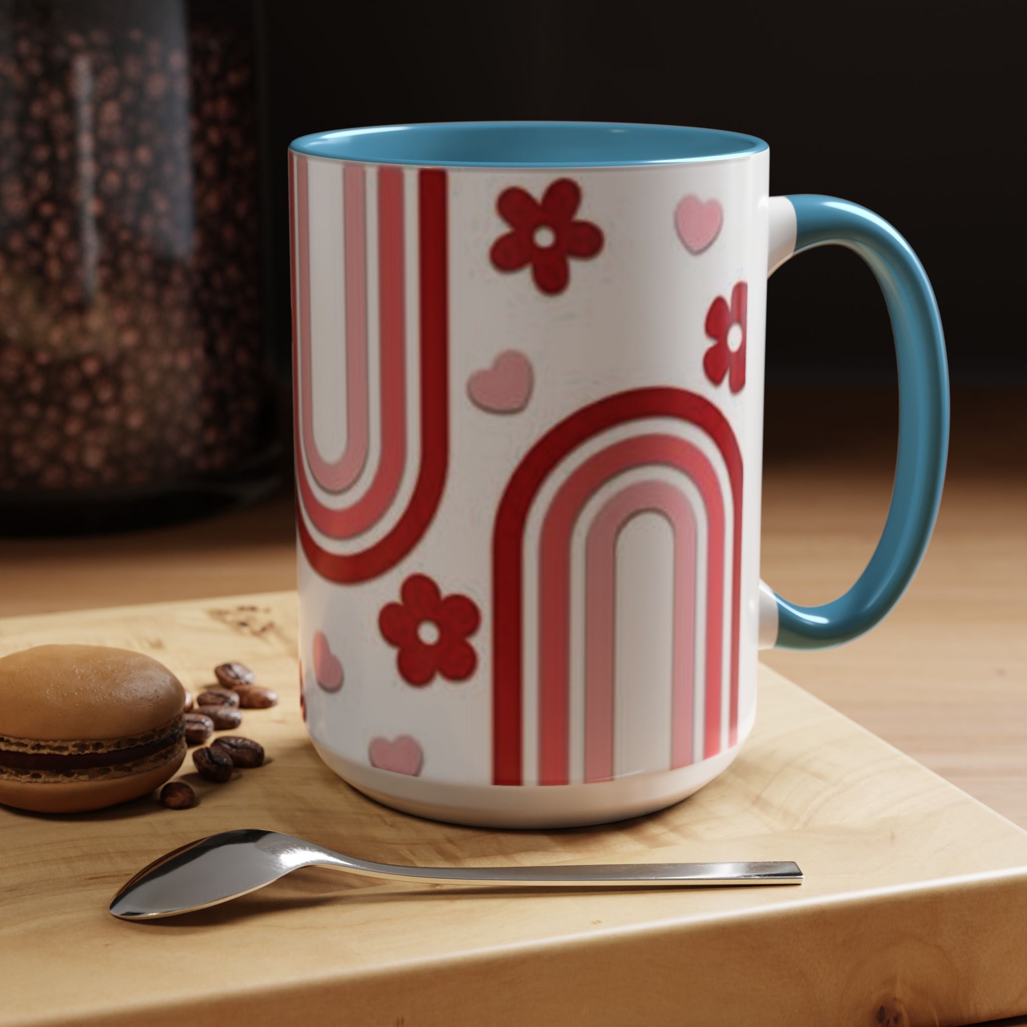 Retro Pink Rainbow Hearts and Flowers Accent Mug | 11oz or 15oz