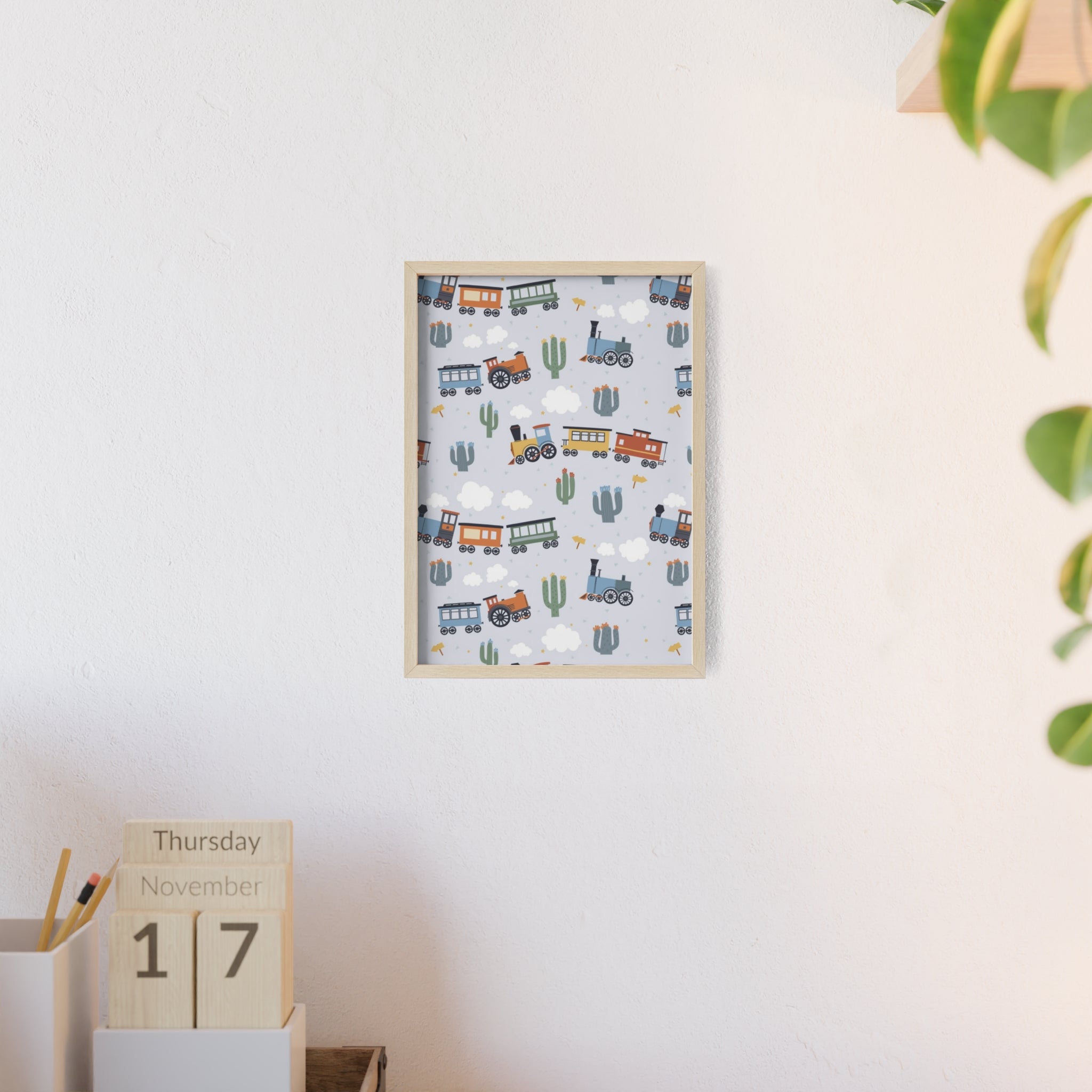 Kids' Train Poster with Wooden Frame — Nursery Wall Art, Playroom Decor