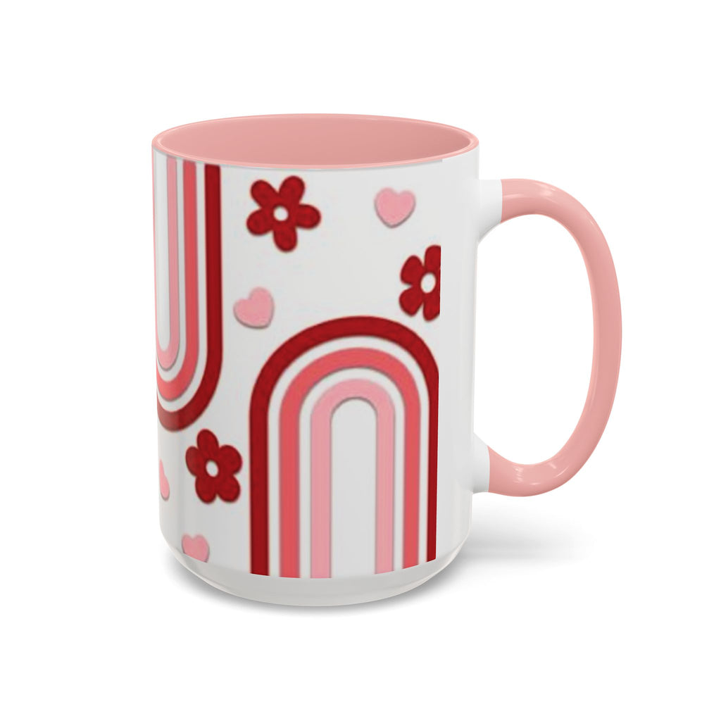 Retro Pink Rainbow Hearts and Flowers Accent Mug | 11oz or 15oz