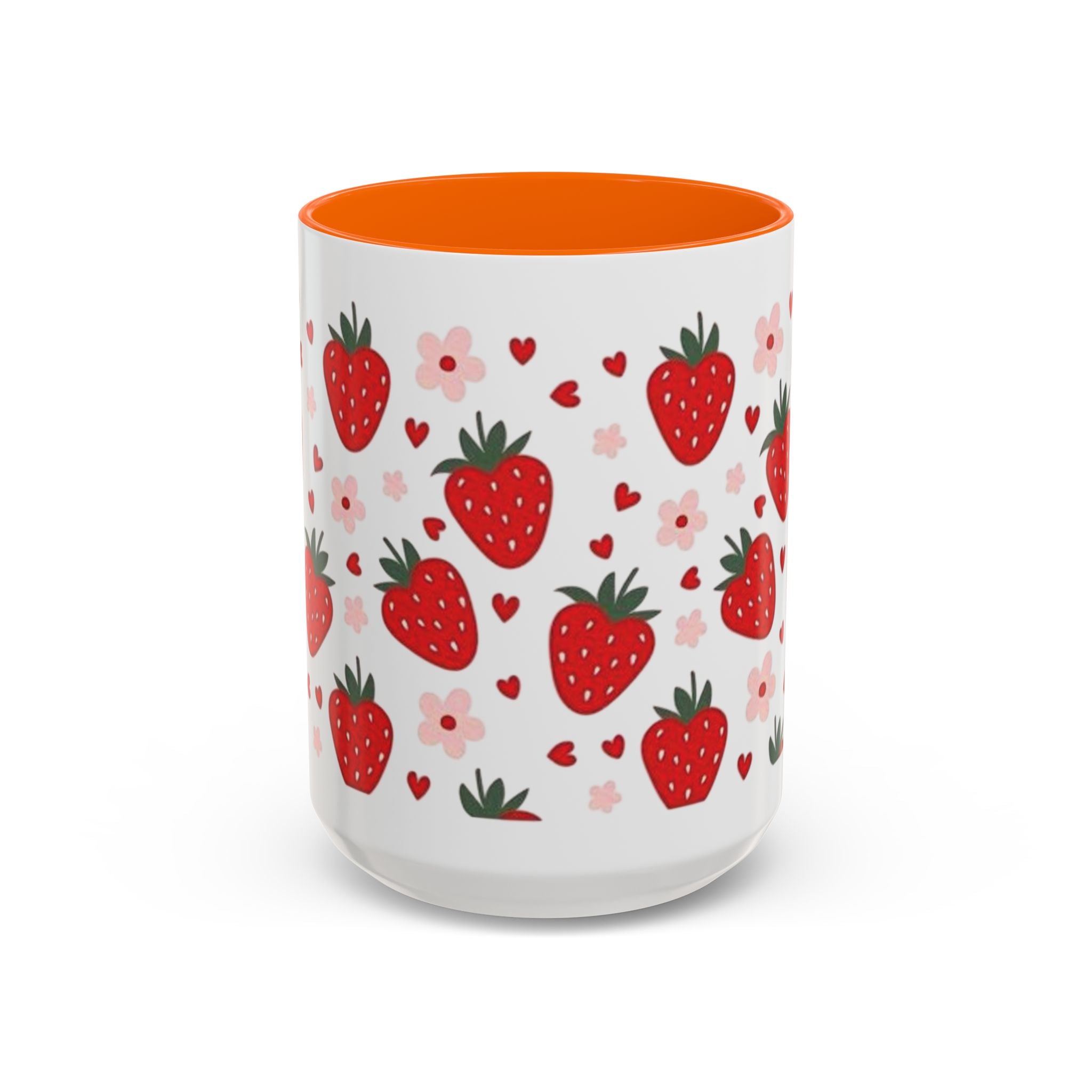 Strawberry Pattern Accent Coffee Mug — Cute Red Berries & Hearts 11/15oz