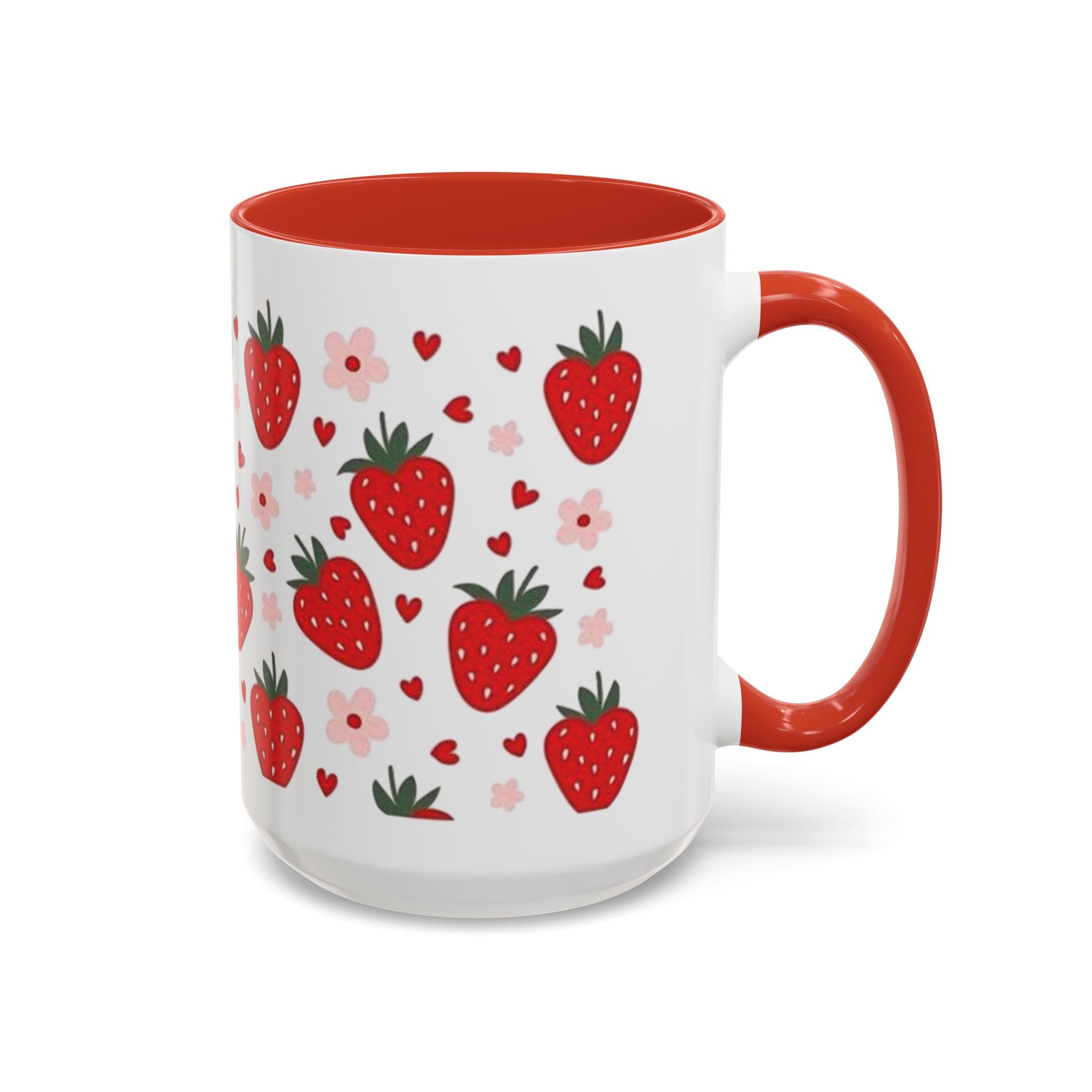 Strawberry Pattern Accent Coffee Mug — Cute Red Berries & Hearts 11/15oz