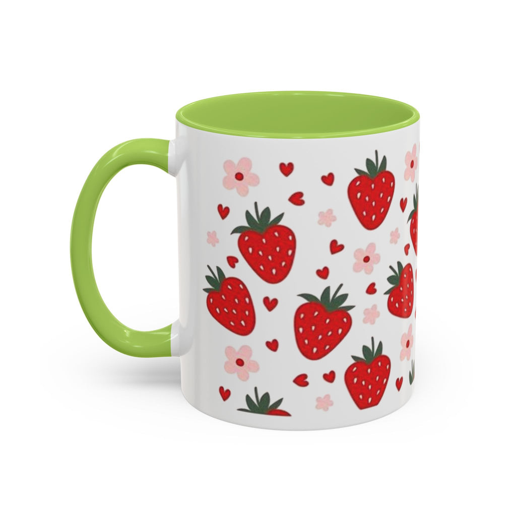 Strawberry Pattern Accent Coffee Mug — Cute Red Berries & Hearts 11/15oz