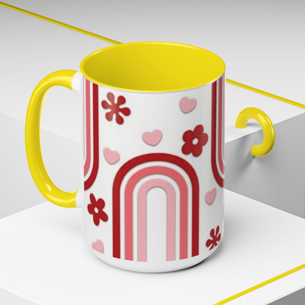 Retro Pink Rainbow Hearts and Flowers Accent Mug | 11oz or 15oz