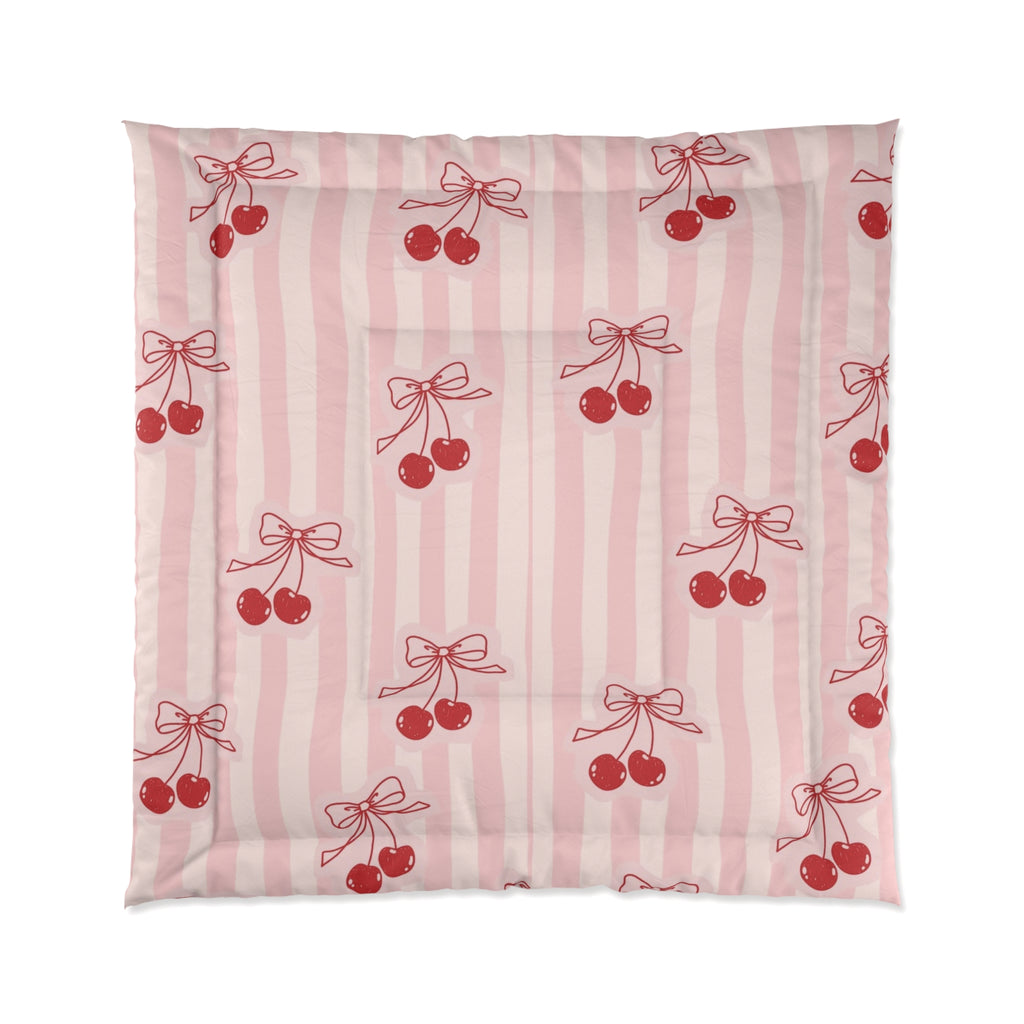 Cherry Bow Comforter - Pink Striped Cherry Print Bedding for Girls & Teens