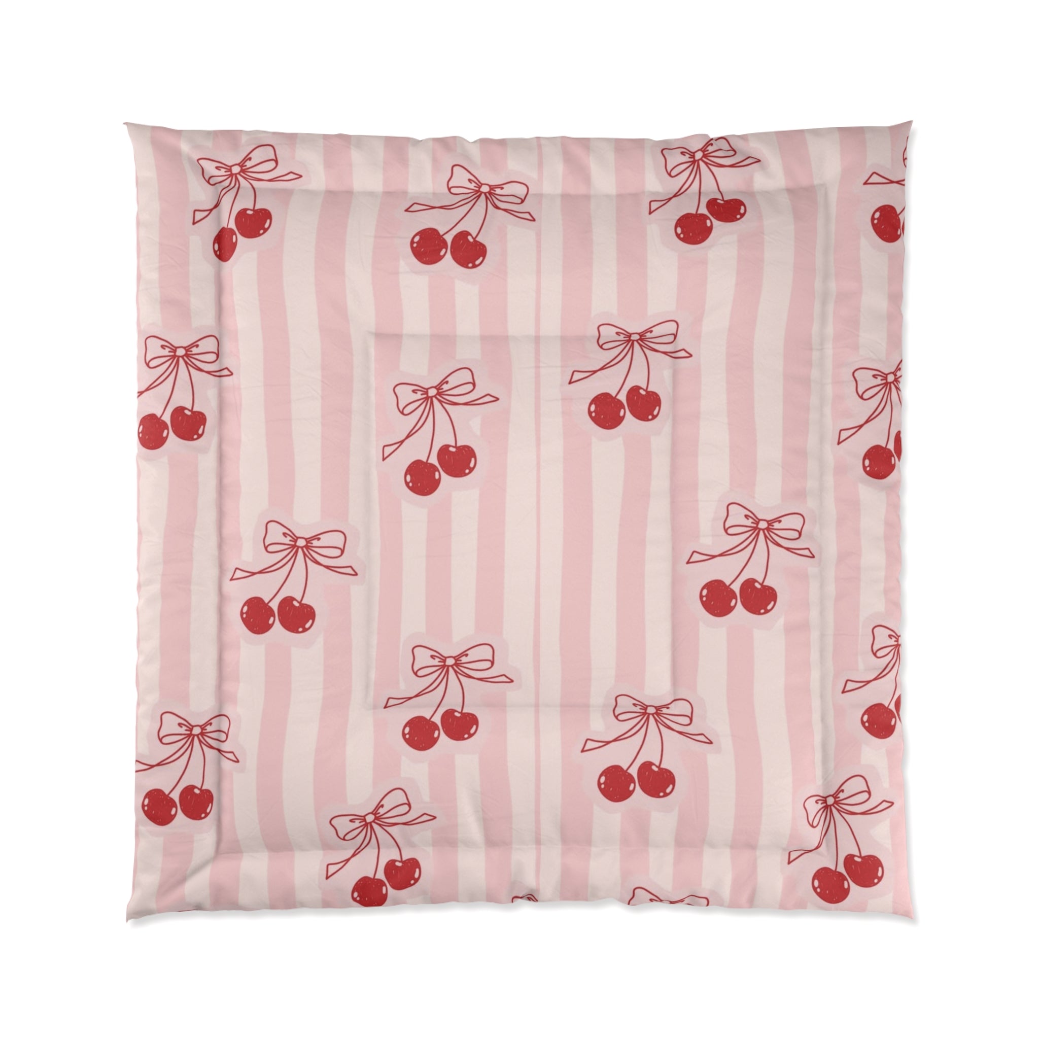 Cherry Bow Comforter - Pink Striped Cherry Print Bedding for Girls & Teens