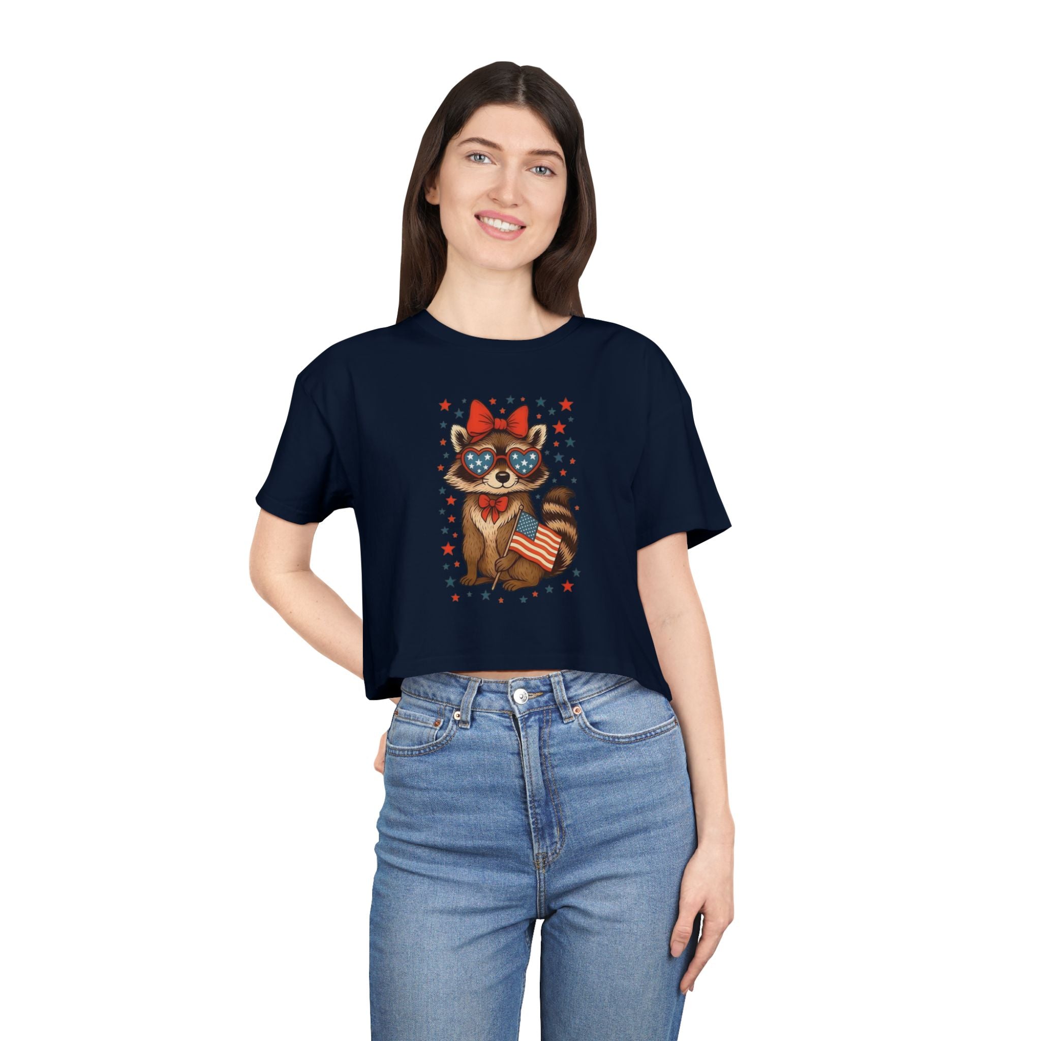 Patriotic Raccoon Heart Crop Tee | 4th of July Stars & Stripes