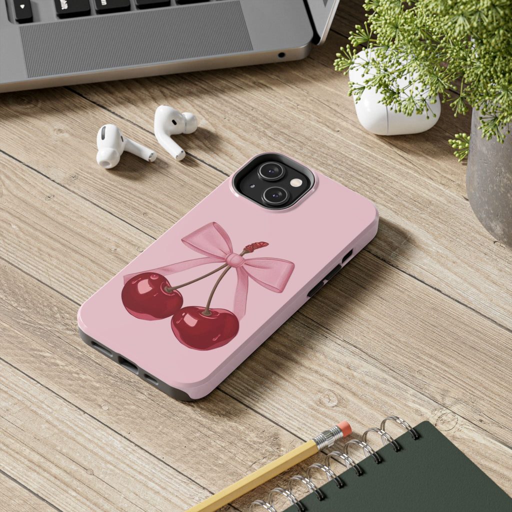 Pink Cherry Tough Phone Case — Cute Bow Cherry Protective Phone Cover