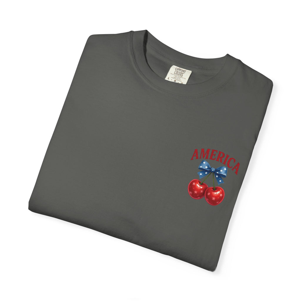 America Cherry Bow T-shirt | Patriotic Stars & Stripes Cherry Design