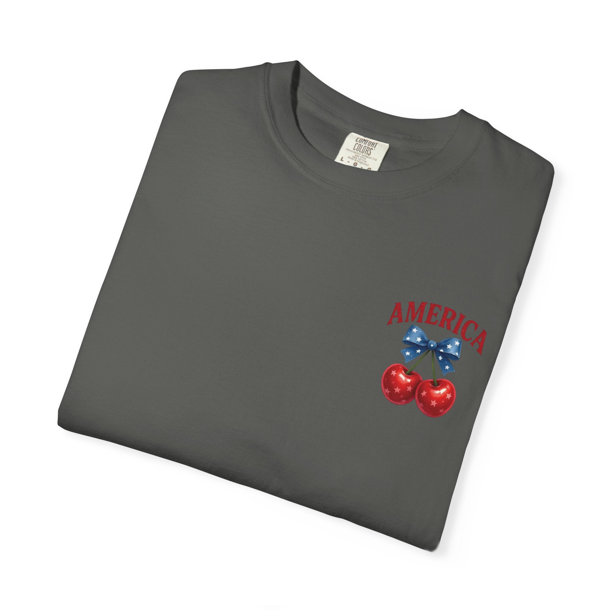 America Cherry Bow T-shirt | Patriotic Stars & Stripes Cherry Design