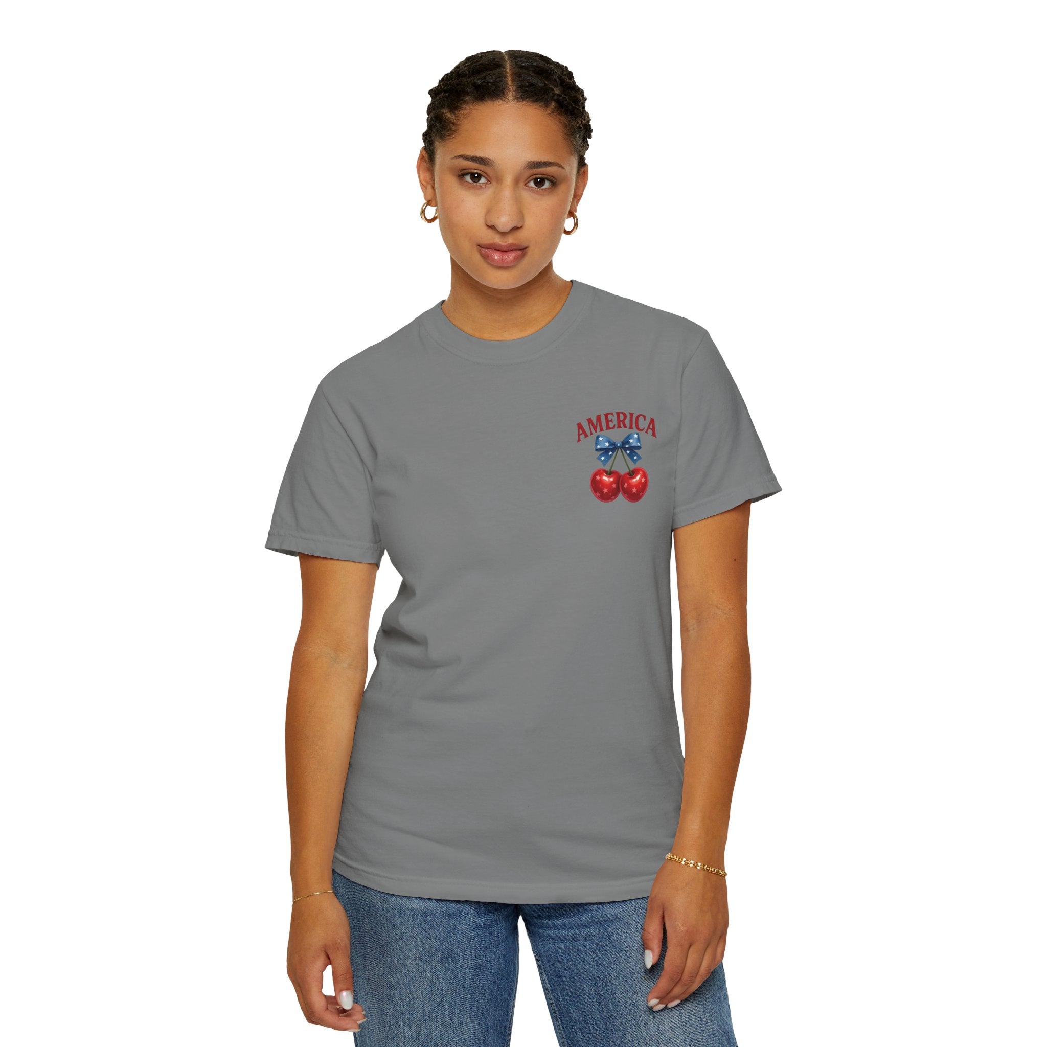 America Cherry Bow T-shirt | Patriotic Stars & Stripes Cherry Design
