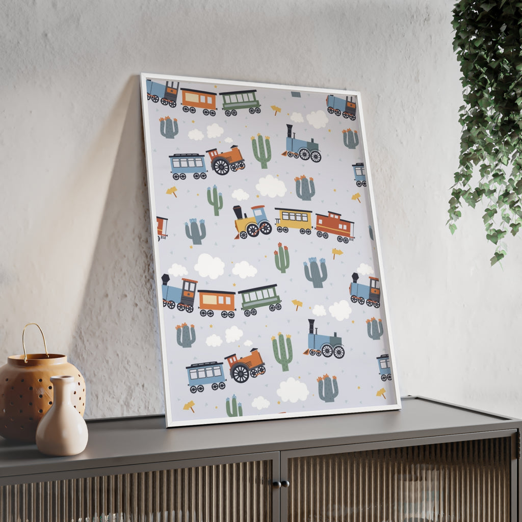 Kids' Train Poster with Wooden Frame — Nursery Wall Art, Playroom Decor