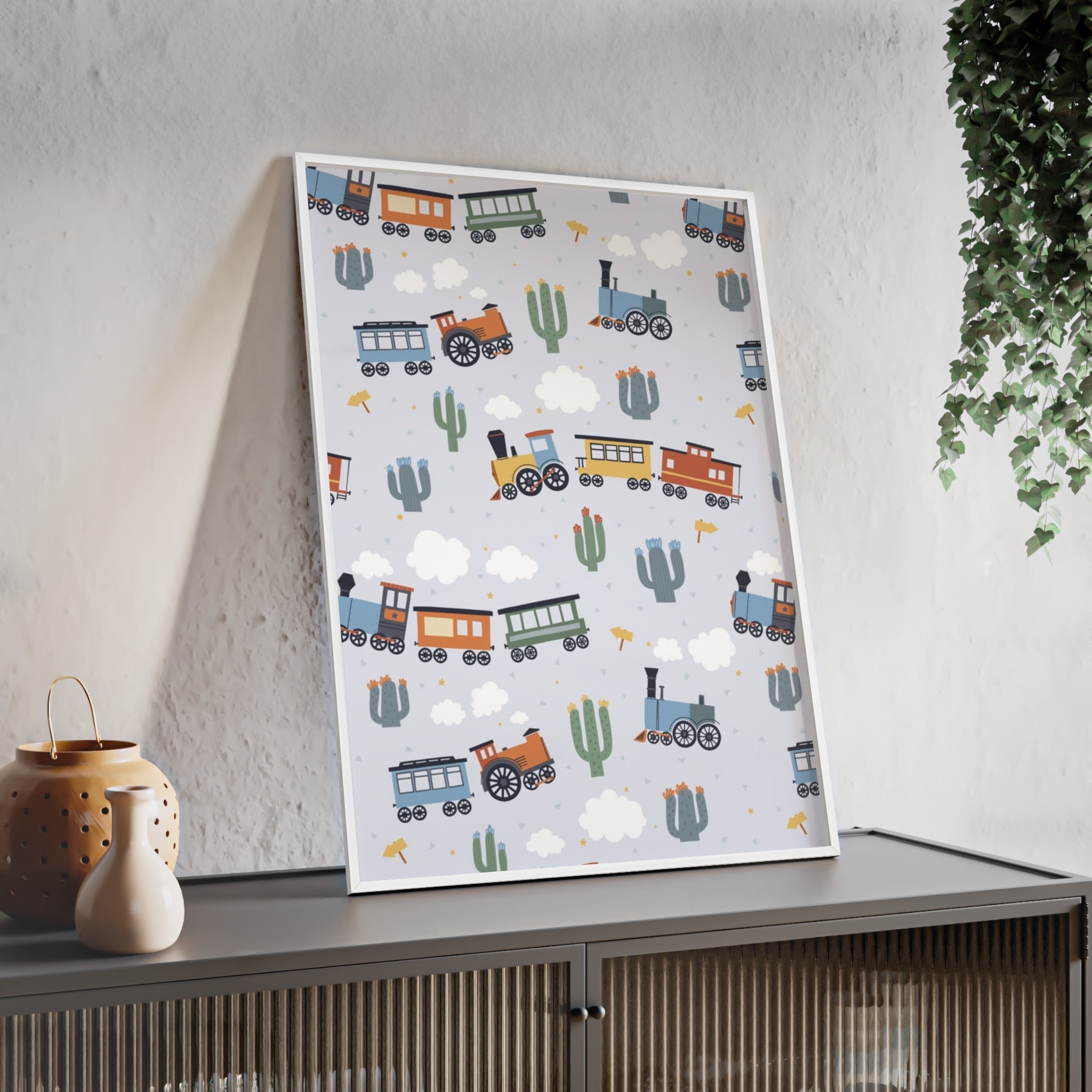 Kids' Train Poster with Wooden Frame — Nursery Wall Art, Playroom Decor