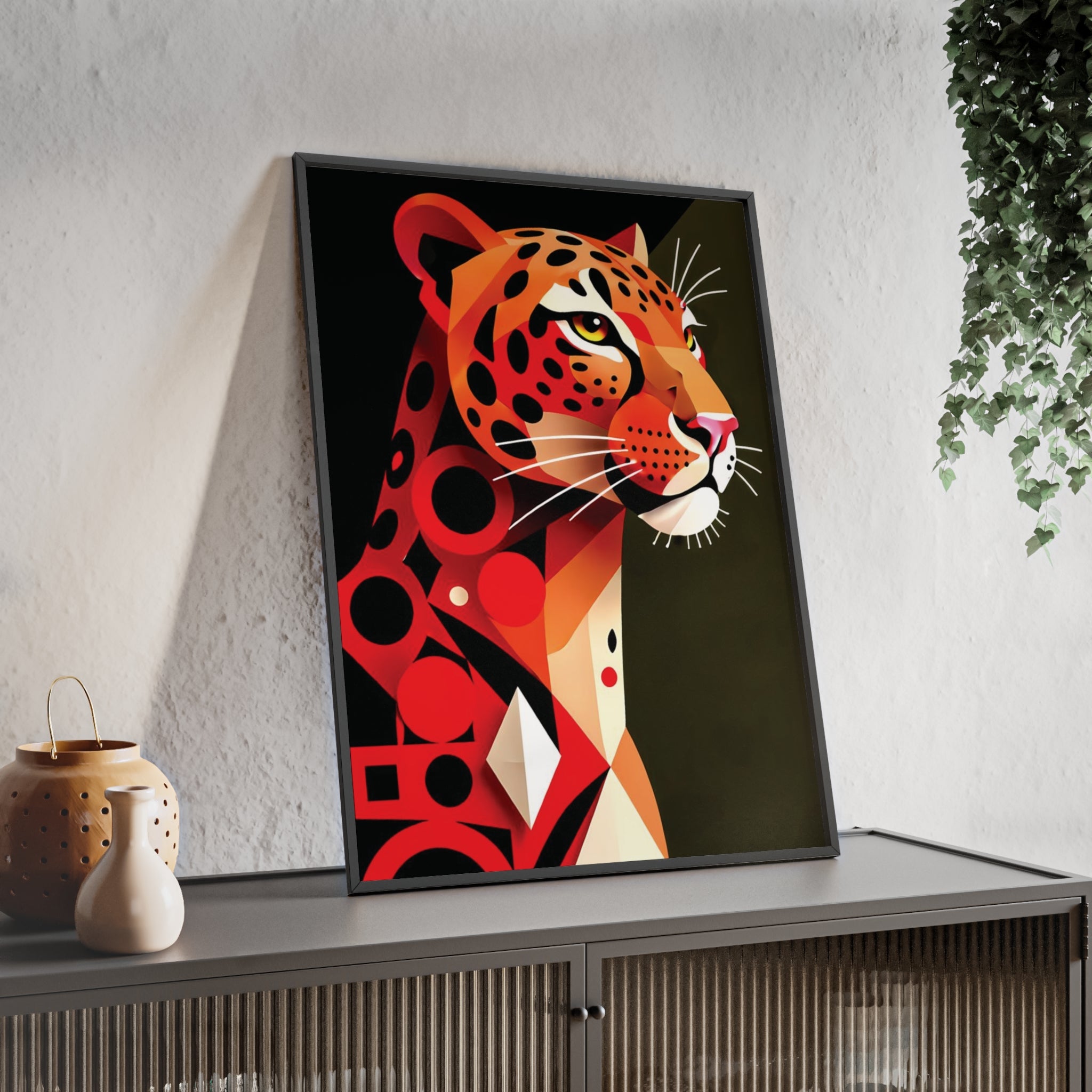 Geometric Leopard Art Poster with Wooden Frame — Bold Wildlife Wall Decor