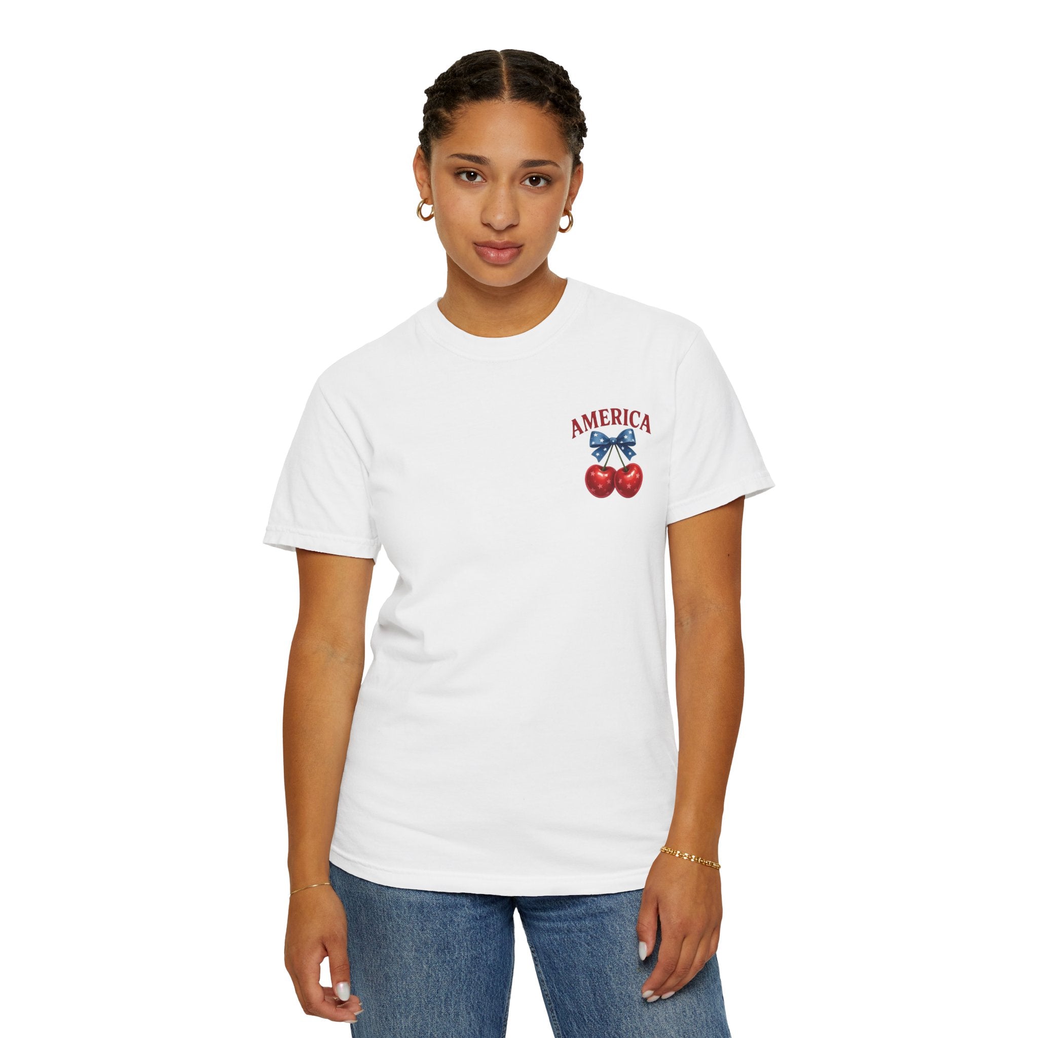 America Cherry Bow T-shirt | Patriotic Stars & Stripes Cherry Design