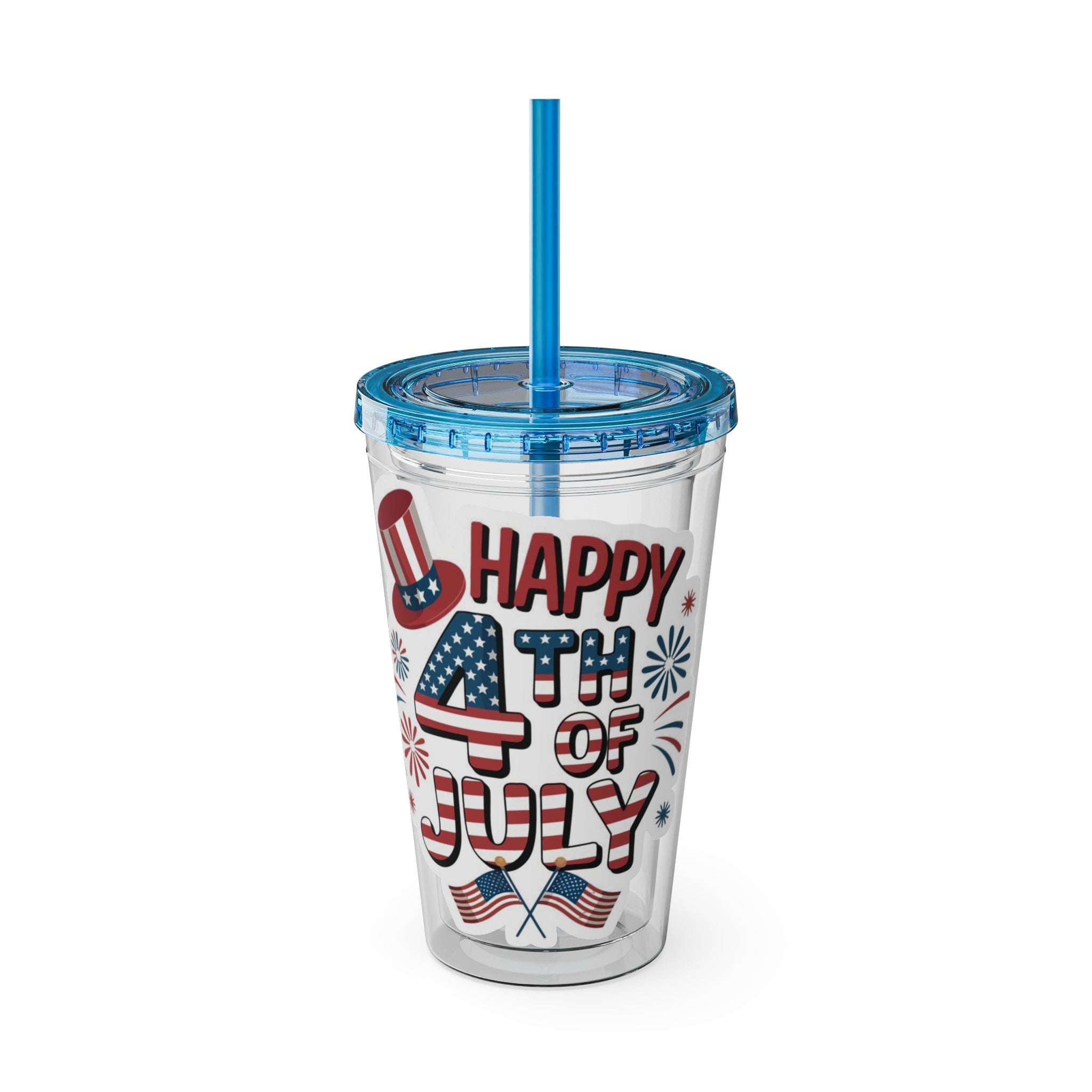 Happy 4th of July Tumbler | 16oz Straw Cup, Patriotic Fireworks Flag Design