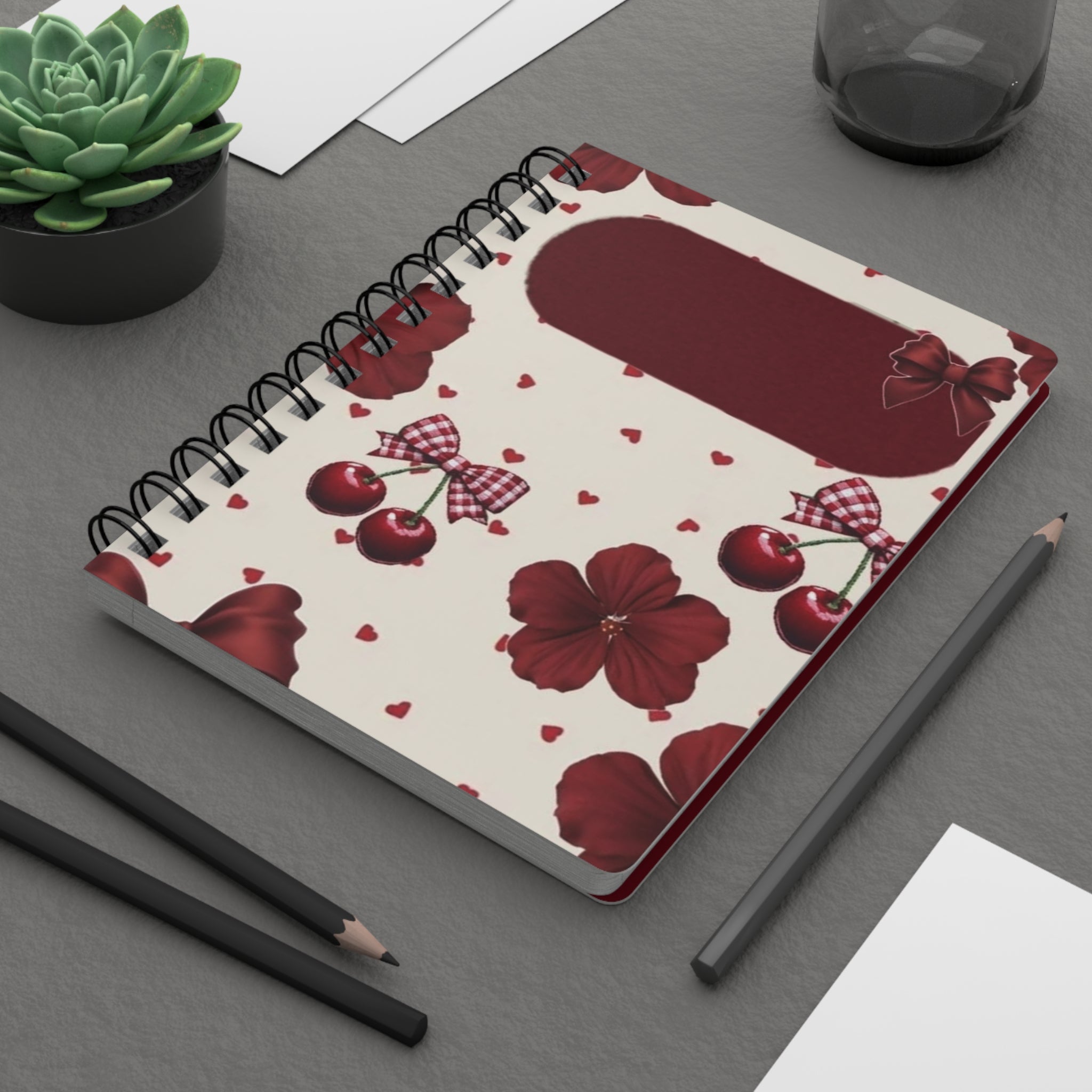 Kawaii Brown-Haired Girl Spiral Journal | Cherry Floral Pattern Spiral Journal