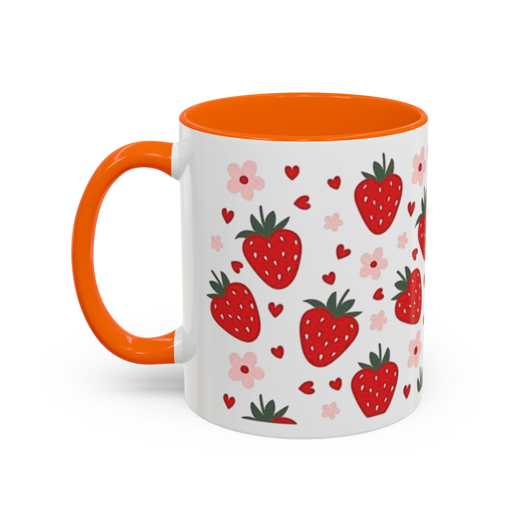 Strawberry Pattern Accent Coffee Mug — Cute Red Berries & Hearts 11/15oz
