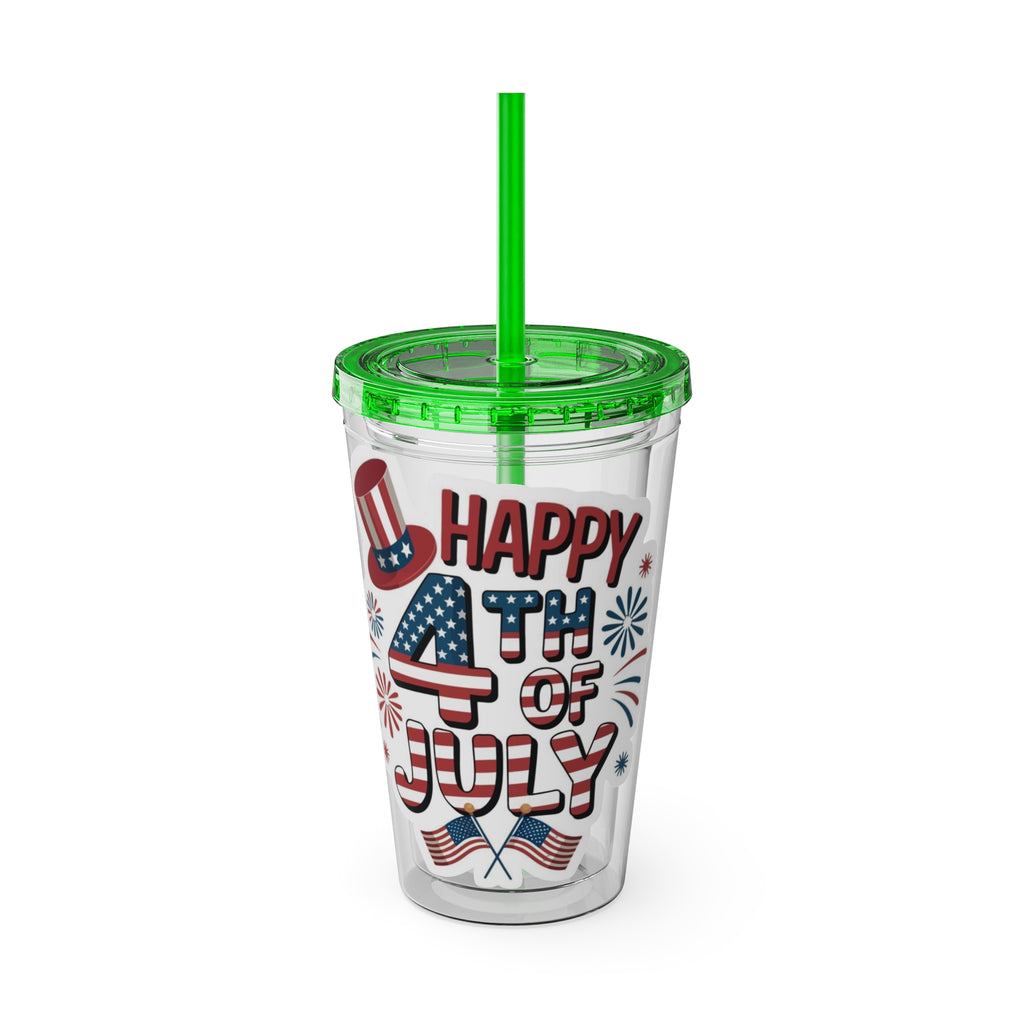 Happy 4th of July Tumbler | 16oz Straw Cup, Patriotic Fireworks Flag Design