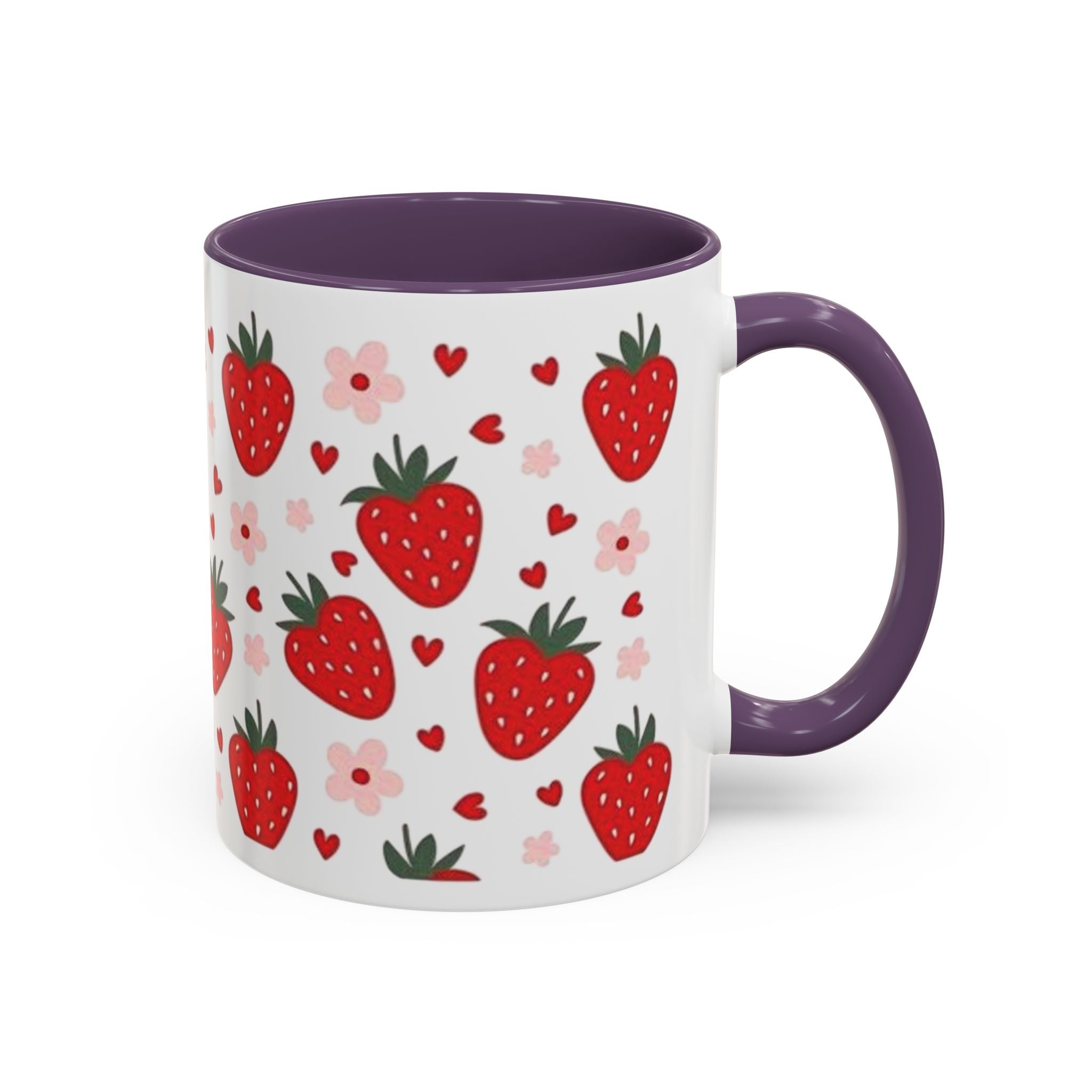 Strawberry Pattern Accent Coffee Mug — Cute Red Berries & Hearts 11/15oz