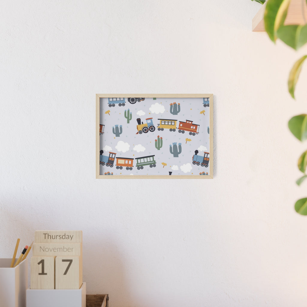 Kids' Train Poster with Wooden Frame — Nursery Wall Art, Playroom Decor