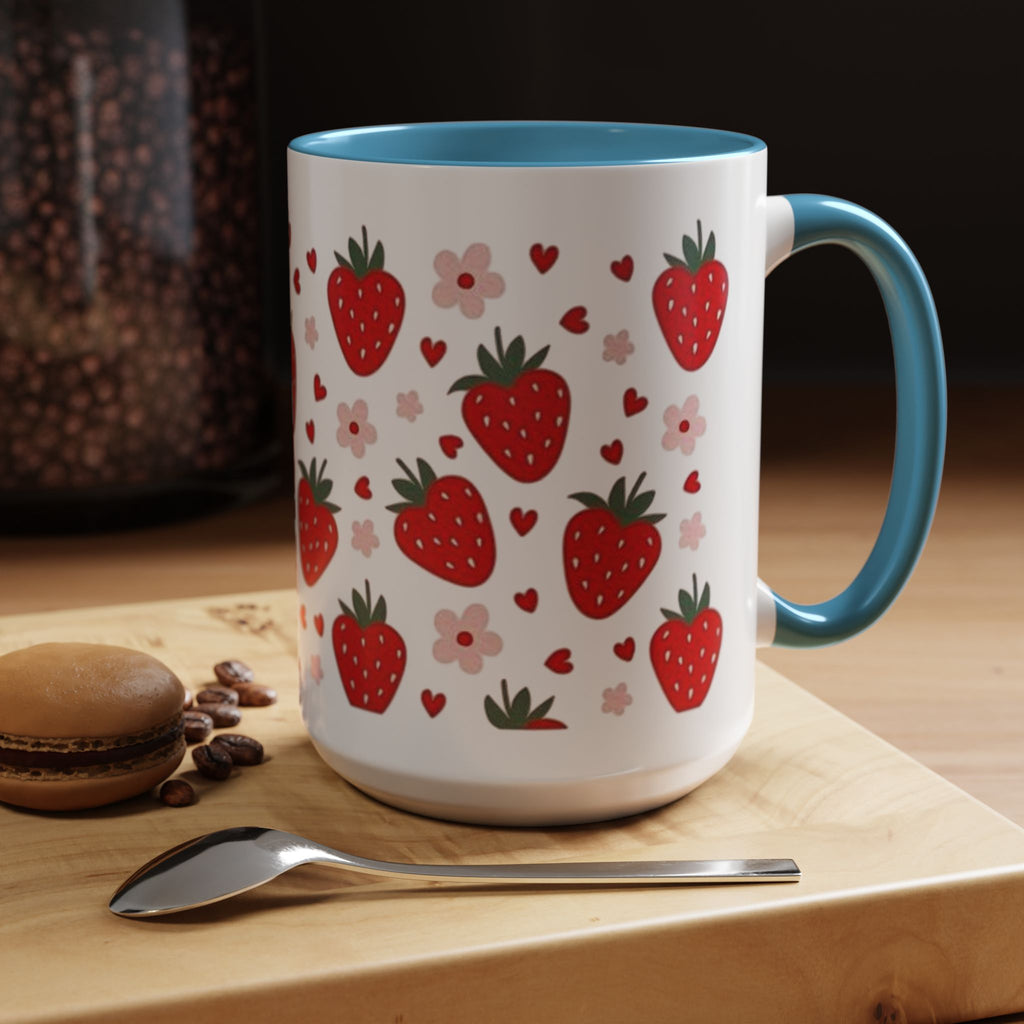 Strawberry Pattern Accent Coffee Mug — Cute Red Berries & Hearts 11/15oz