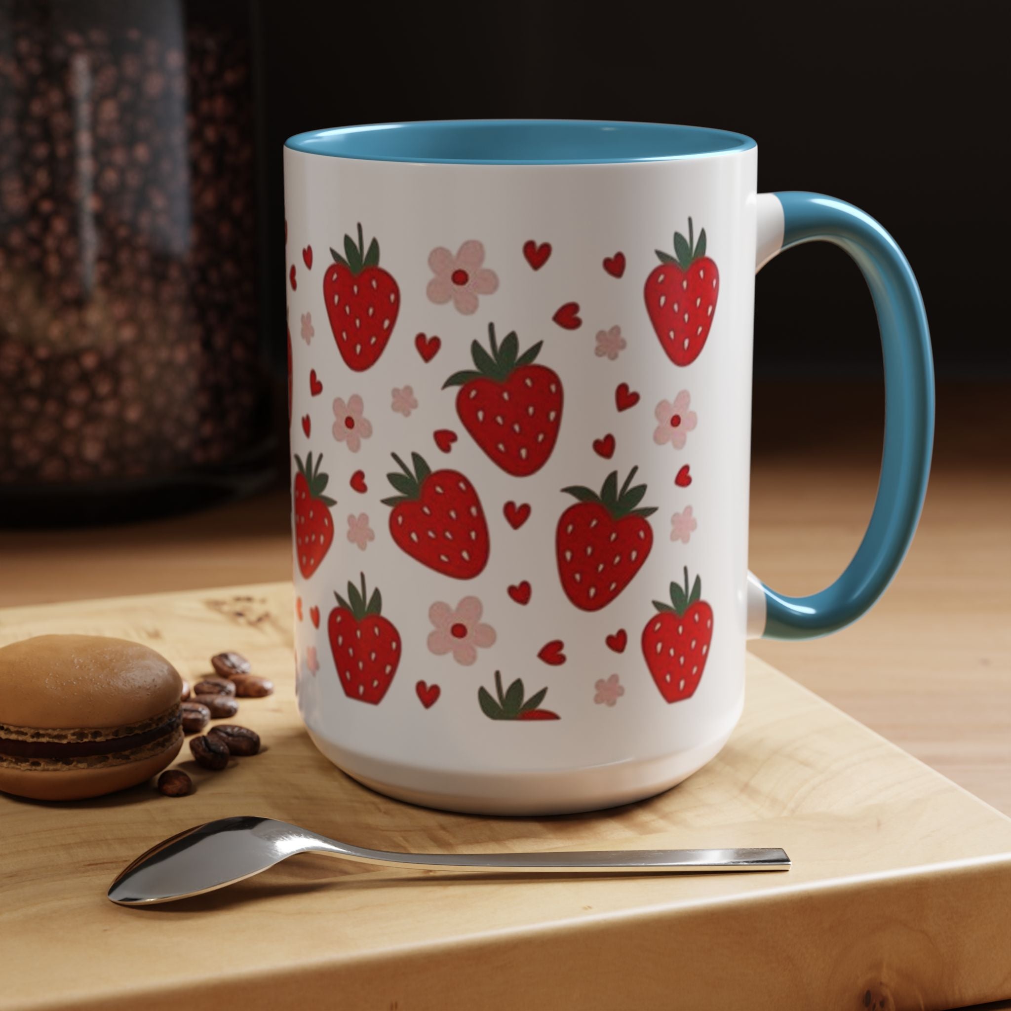 Strawberry Pattern Accent Coffee Mug — Cute Red Berries & Hearts 11/15oz