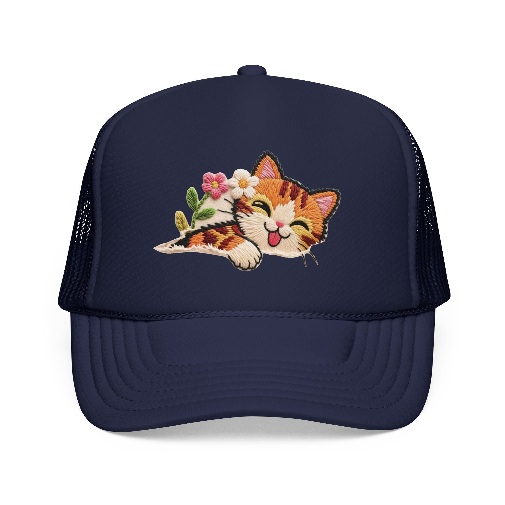 Trucker Hat — Cute Sleeping Calico Cat with Flowers Foam Mesh Cap