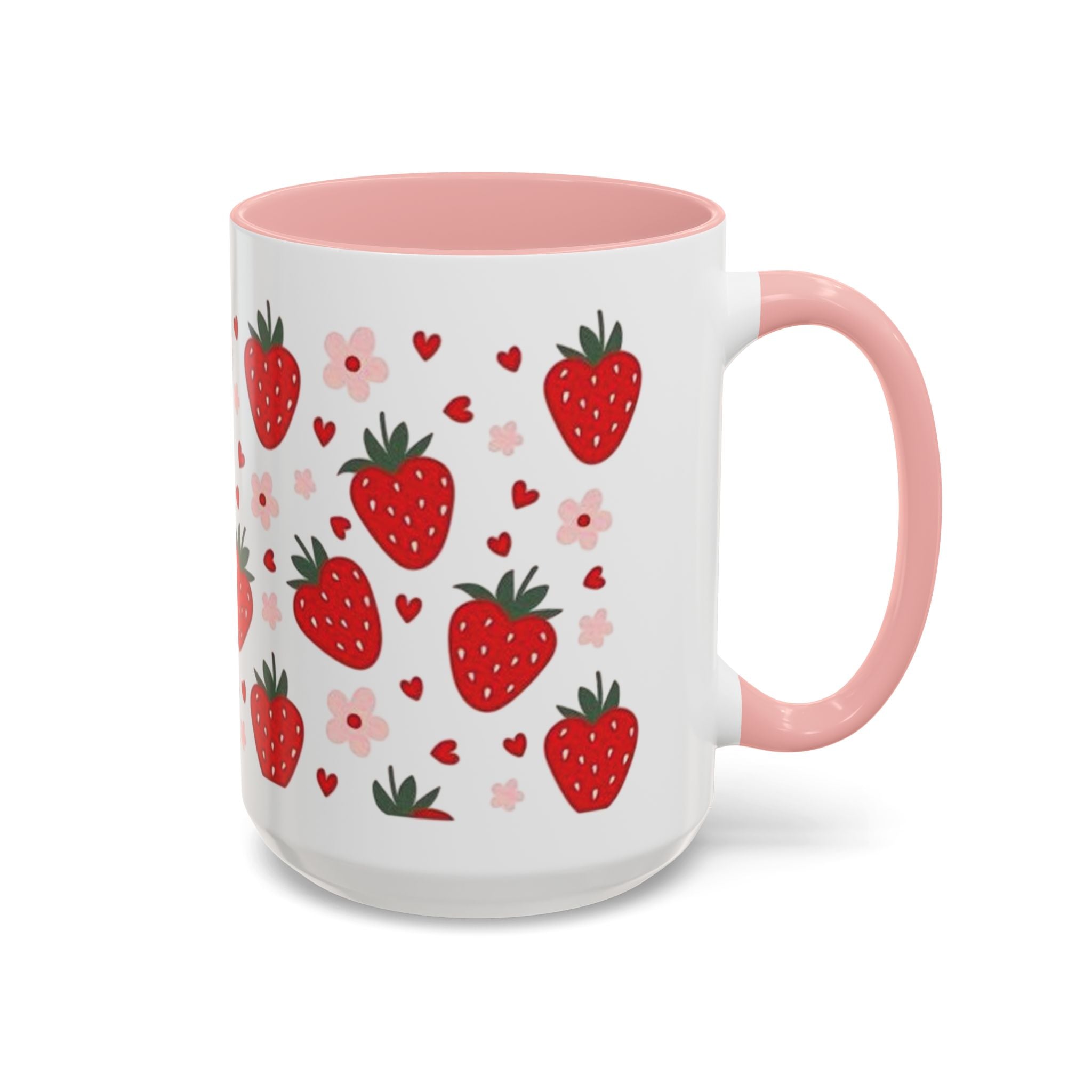 Strawberry Pattern Accent Coffee Mug — Cute Red Berries & Hearts 11/15oz