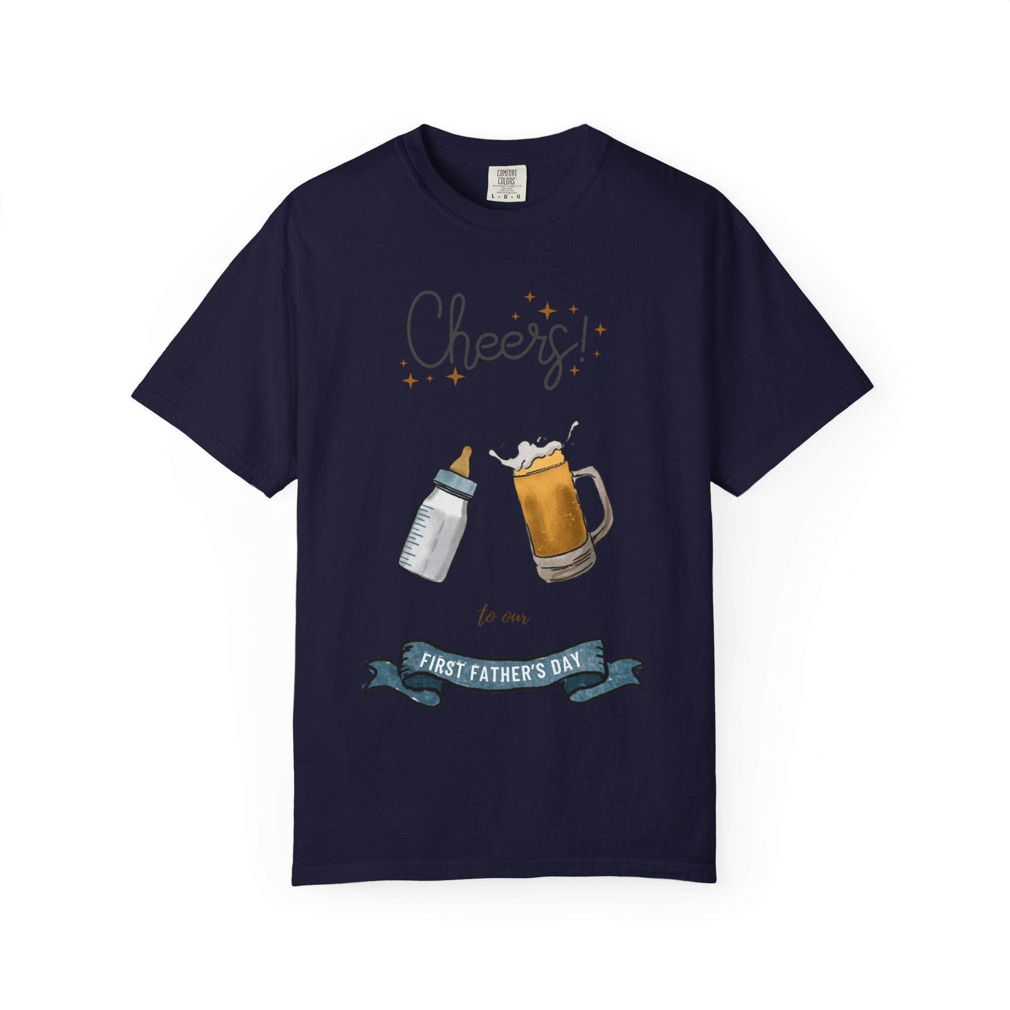 Cheers! Baby Bottle and Beer Mug First Father's Day T-Shirt | New Dad Tee