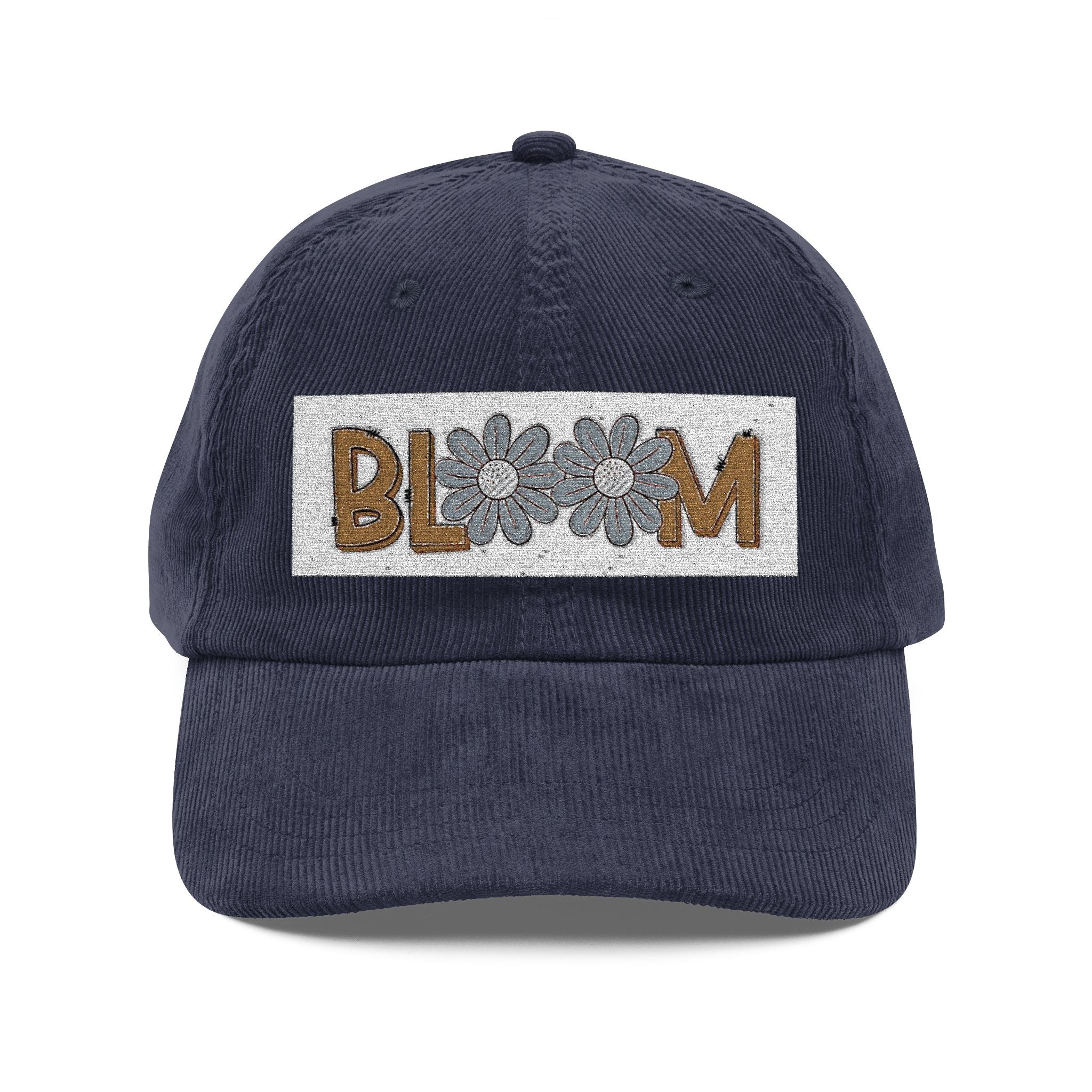 Vintage Corduroy Cap — Embroidered 'BLOOM' Floral Patch