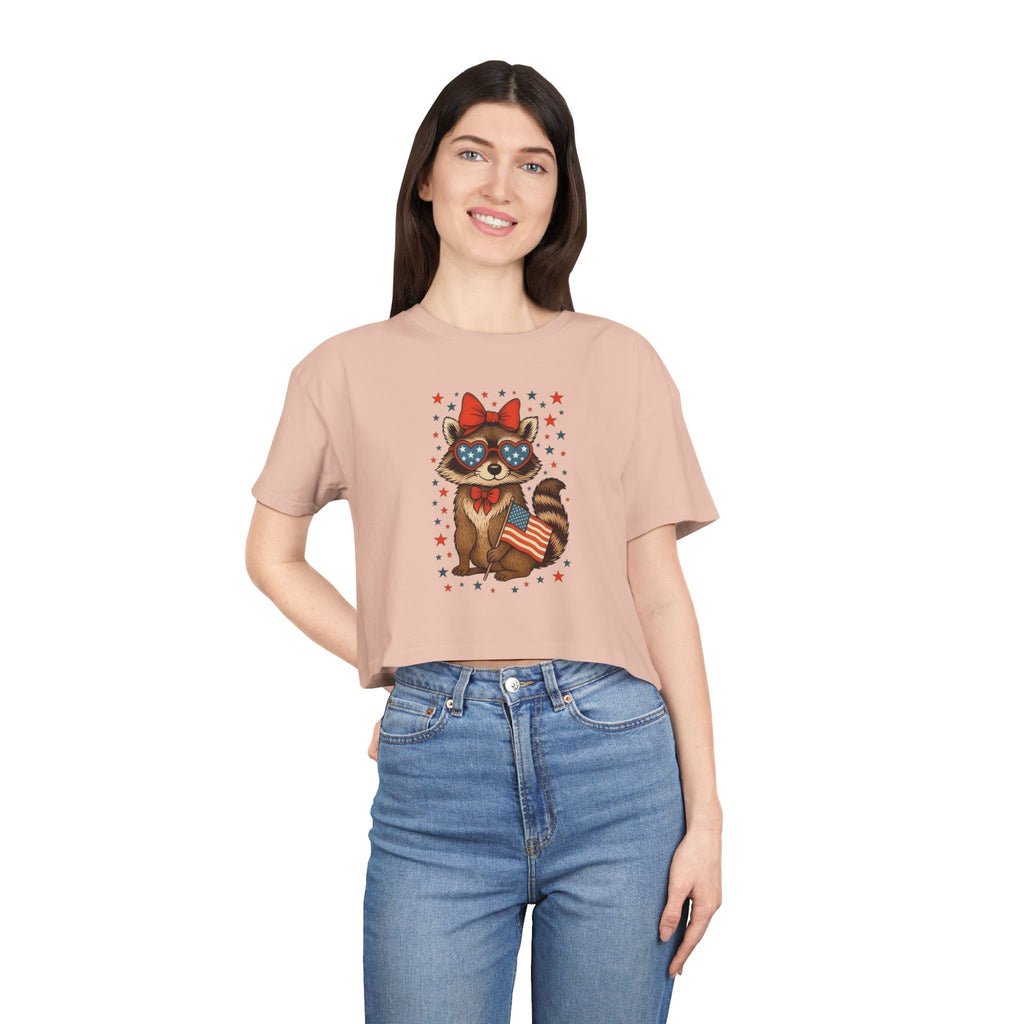 Patriotic Raccoon Heart Crop Tee | 4th of July Stars & Stripes