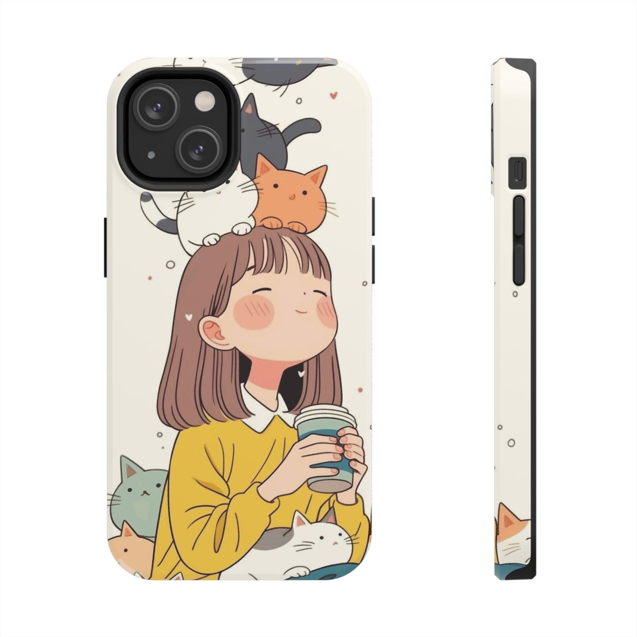 Girl with Cats Phone Case | Cute Cat Stack Illustration