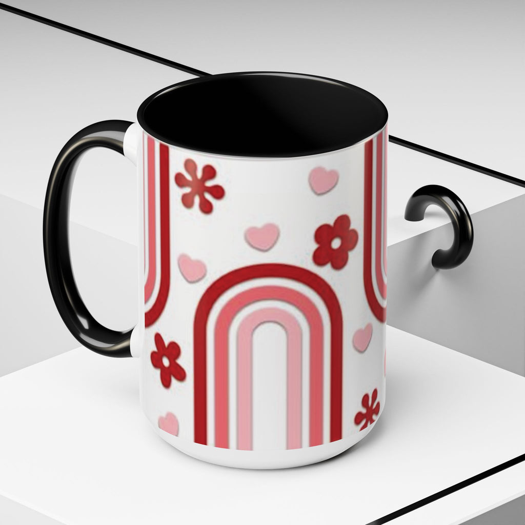 Retro Pink Rainbow Hearts and Flowers Accent Mug | 11oz or 15oz
