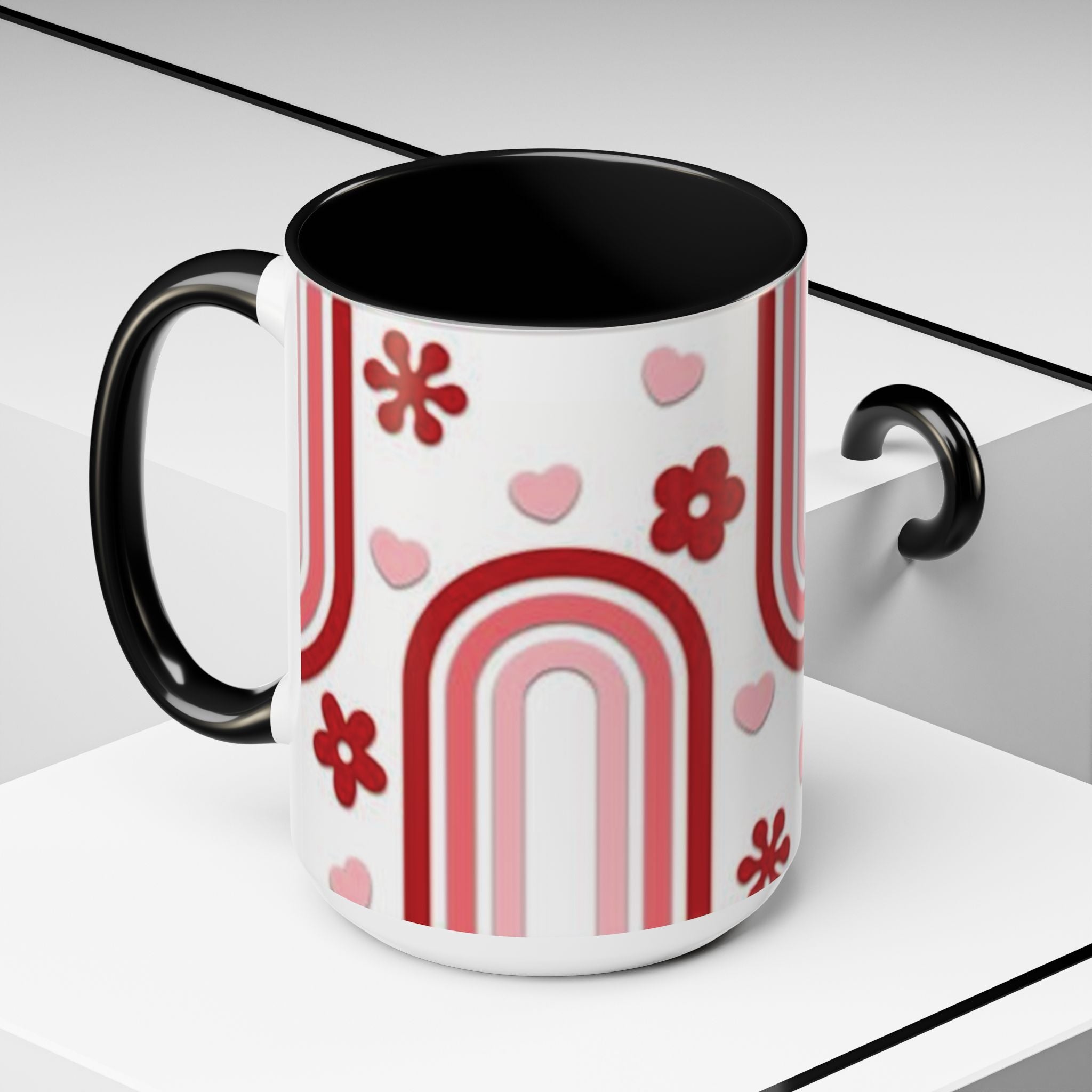 Retro Pink Rainbow Hearts and Flowers Accent Mug | 11oz or 15oz