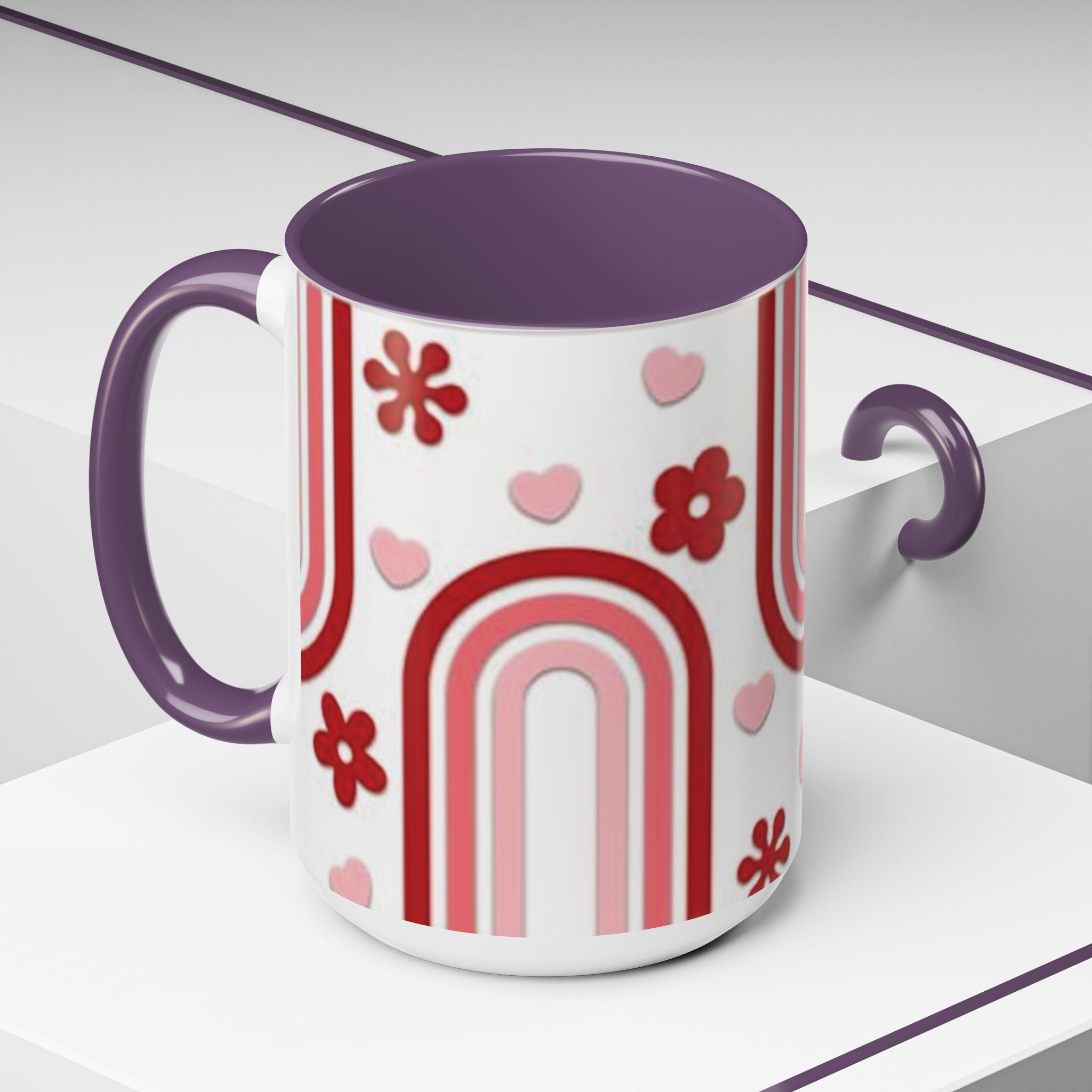 Retro Pink Rainbow Hearts and Flowers Accent Mug | 11oz or 15oz