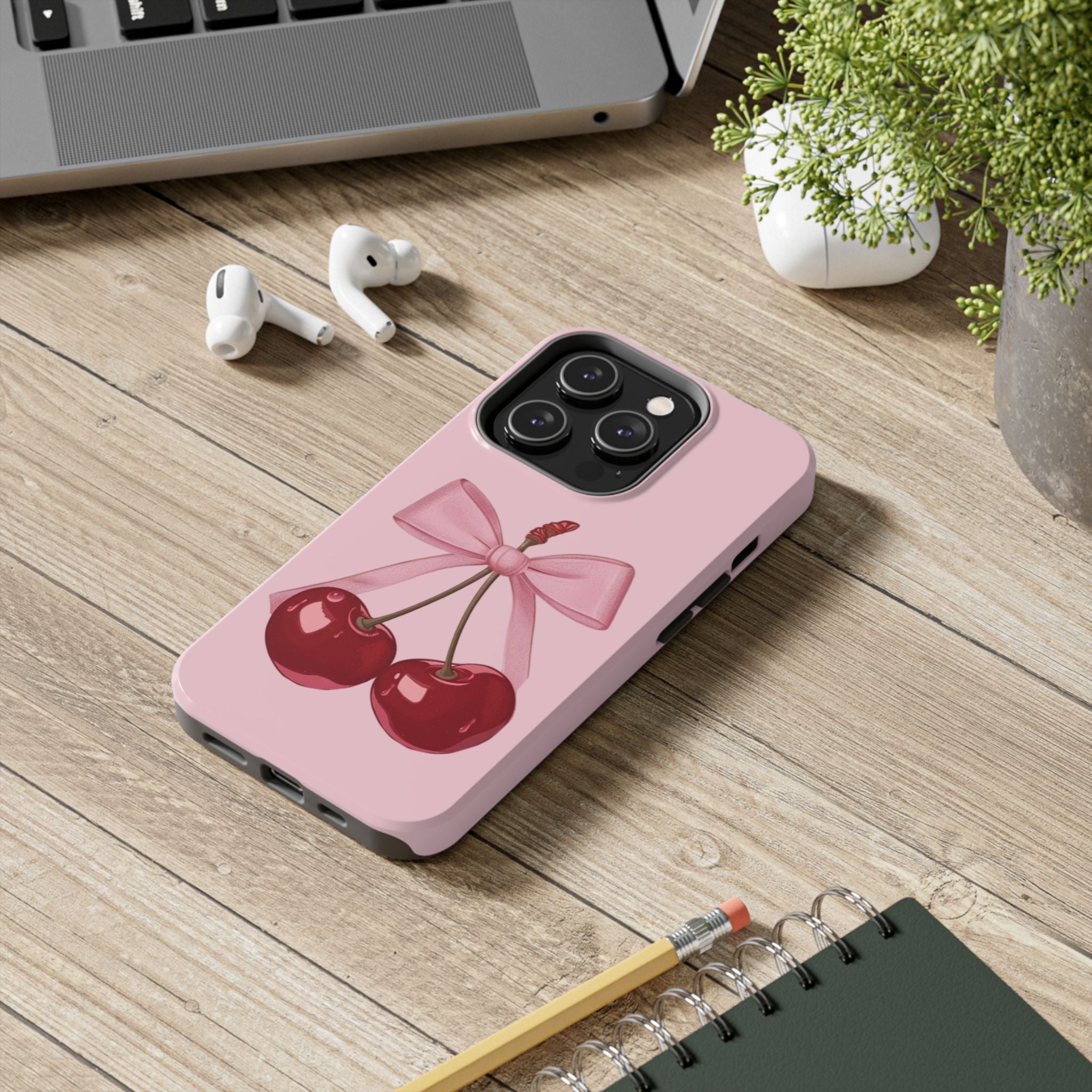 Pink Cherry Tough Phone Case — Cute Bow Cherry Protective Phone Cover