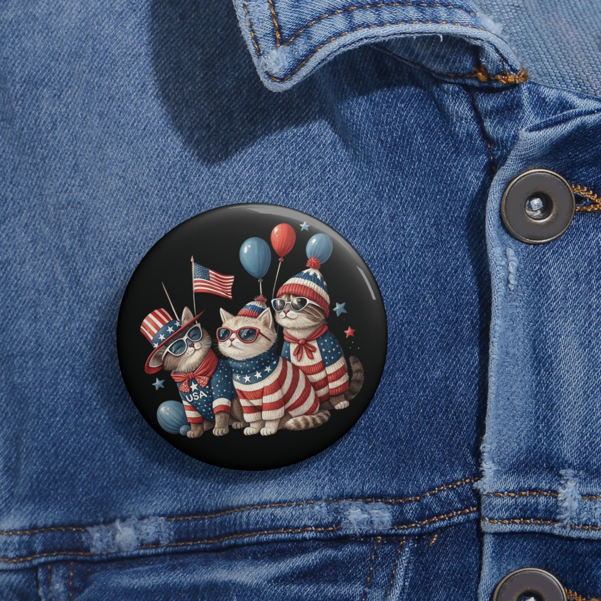 Patriotic Cats Pin Button | 4th of July USA Flag Badge