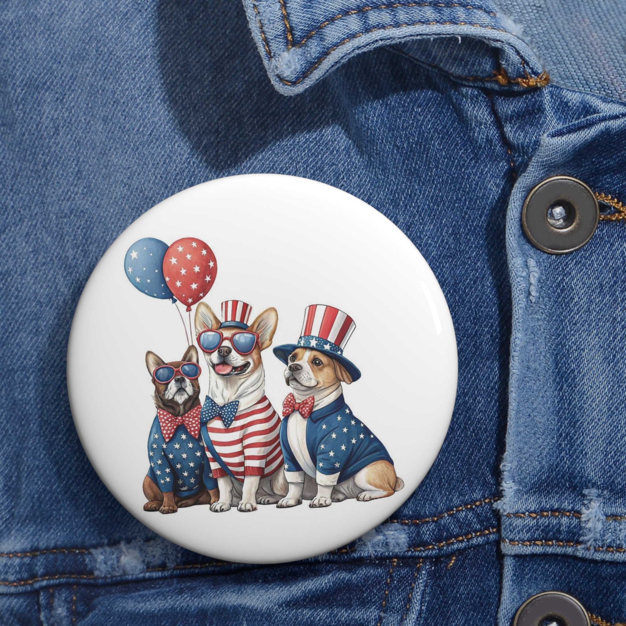 Patriotic Dogs Pin Button | 4th of July Puppy Flag Badge