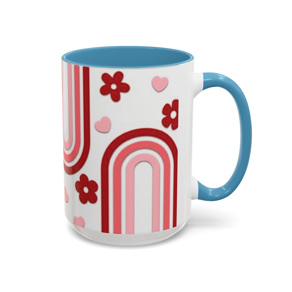 Retro Pink Rainbow Hearts and Flowers Accent Mug | 11oz or 15oz