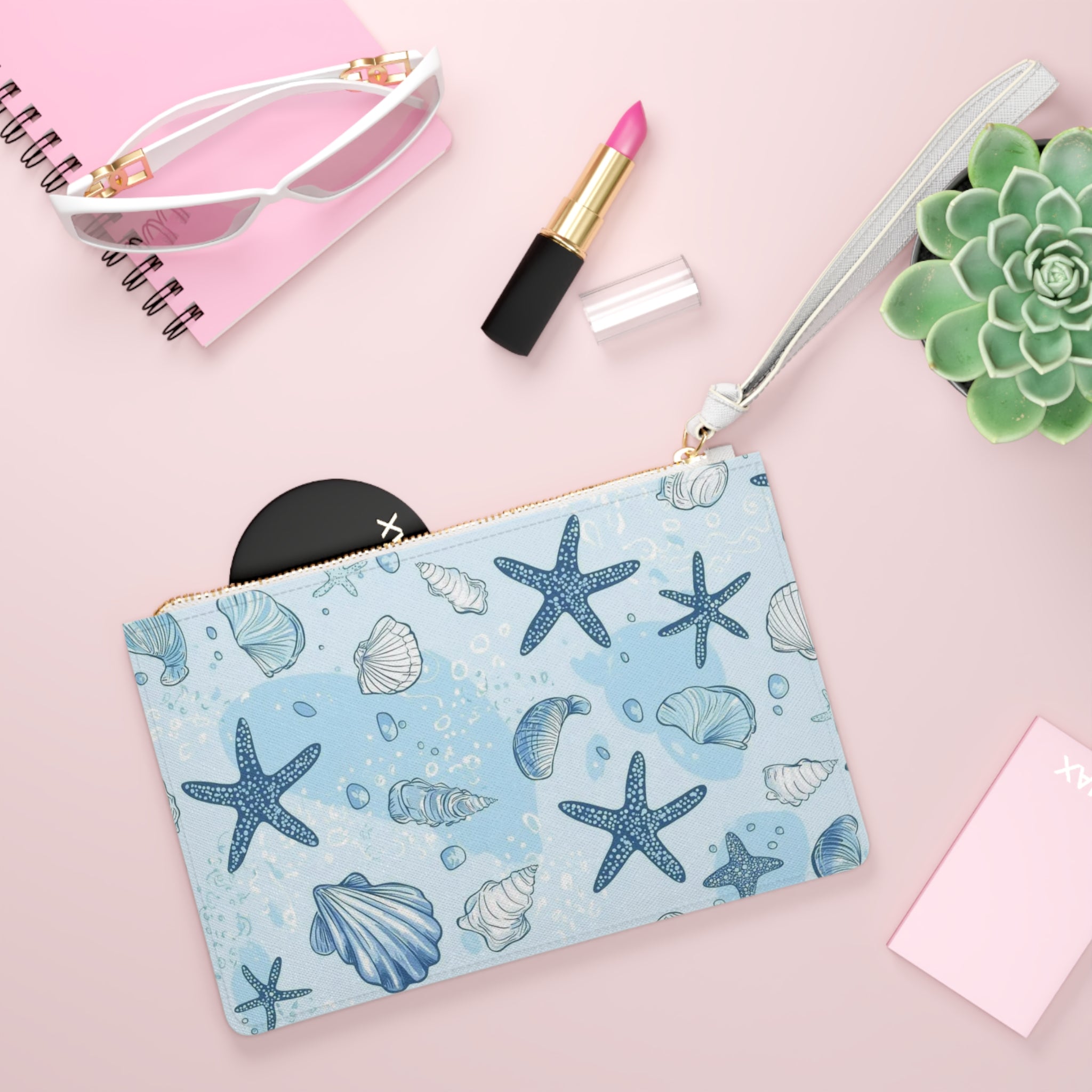 Seashell & Starfish Wristlet Clutch — Coastal Beach Pattern Makeup Bag