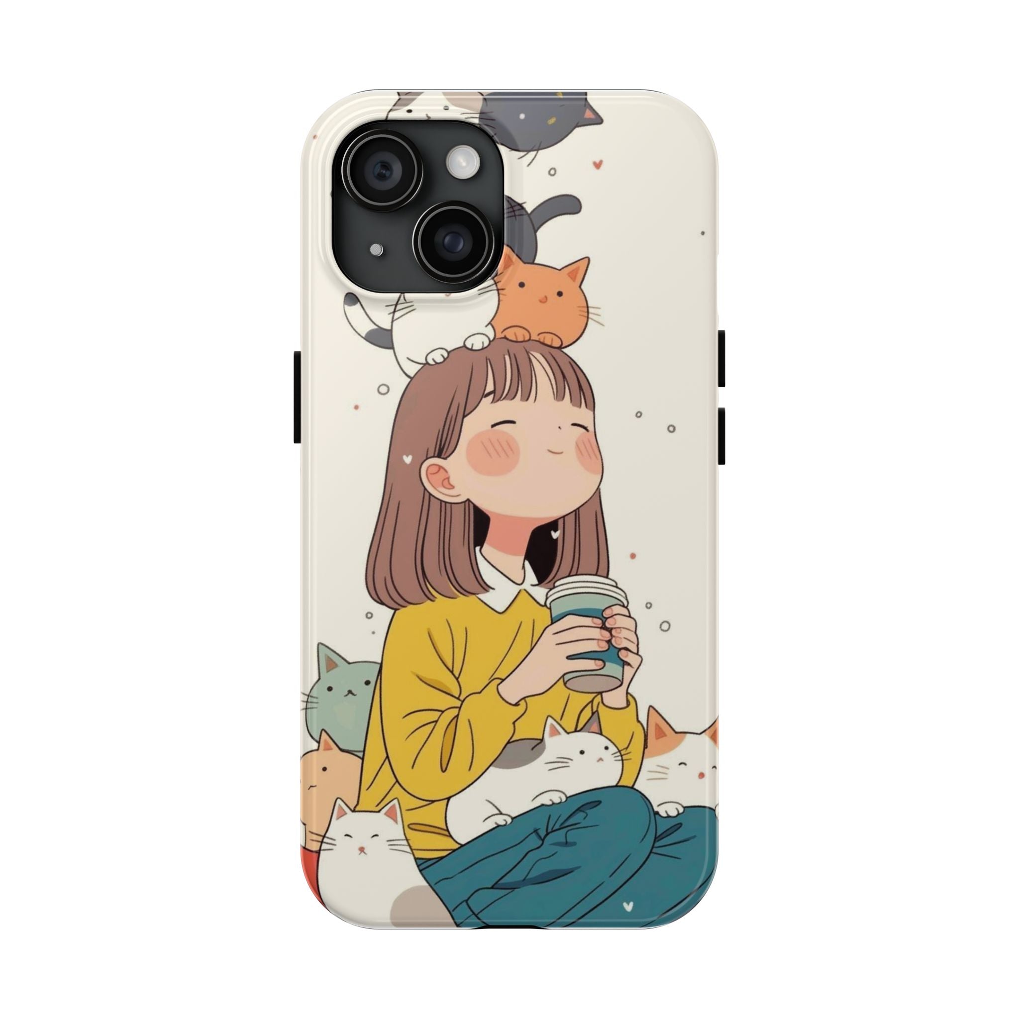 Girl with Cats Phone Case | Cute Cat Stack Illustration
