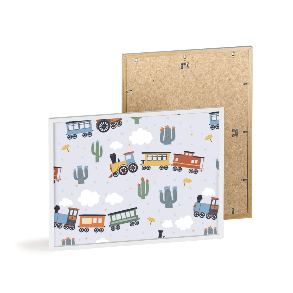 Kids' Train Poster with Wooden Frame — Nursery Wall Art, Playroom Decor