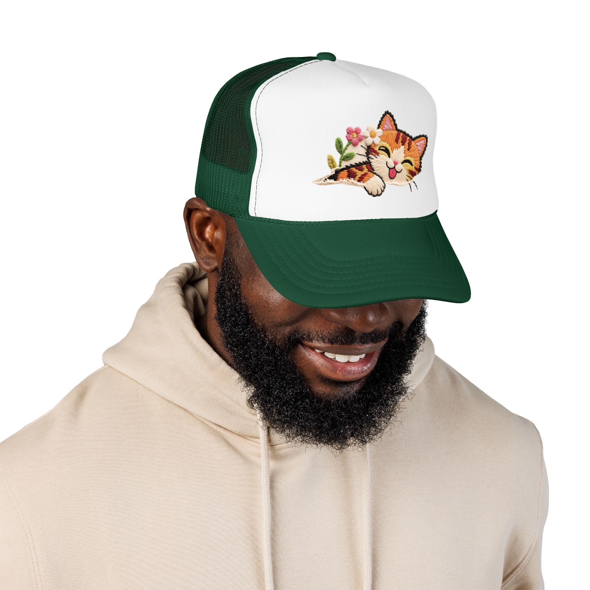 Trucker Hat — Cute Sleeping Calico Cat with Flowers Foam Mesh Cap