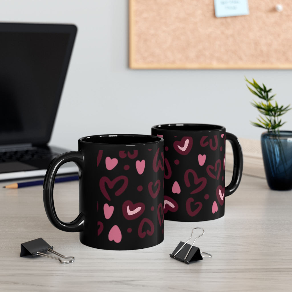 Hand-Drawn Pink Hearts Black Mug | Ceramic Heart Pattern Coffee Mug